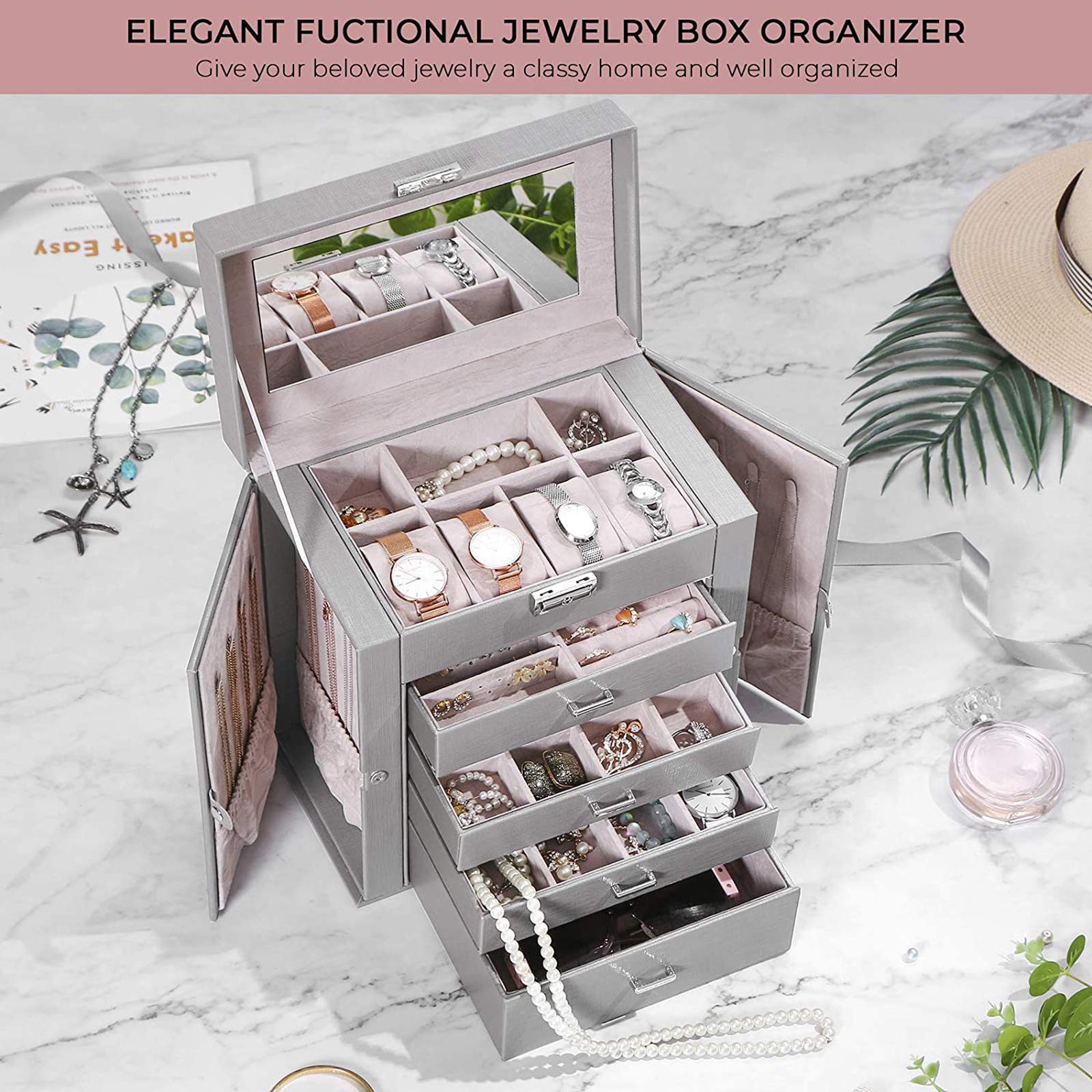 5-Tier Jewelry Box Organizer with Mirror & Lock - ANWBROAD Jewelry Storage Case for Women, 4 Drawers Jewelry Organizer, Durable Gift for Loved Ones - Perfect for Travel, Home Decor & Jewelry Protection