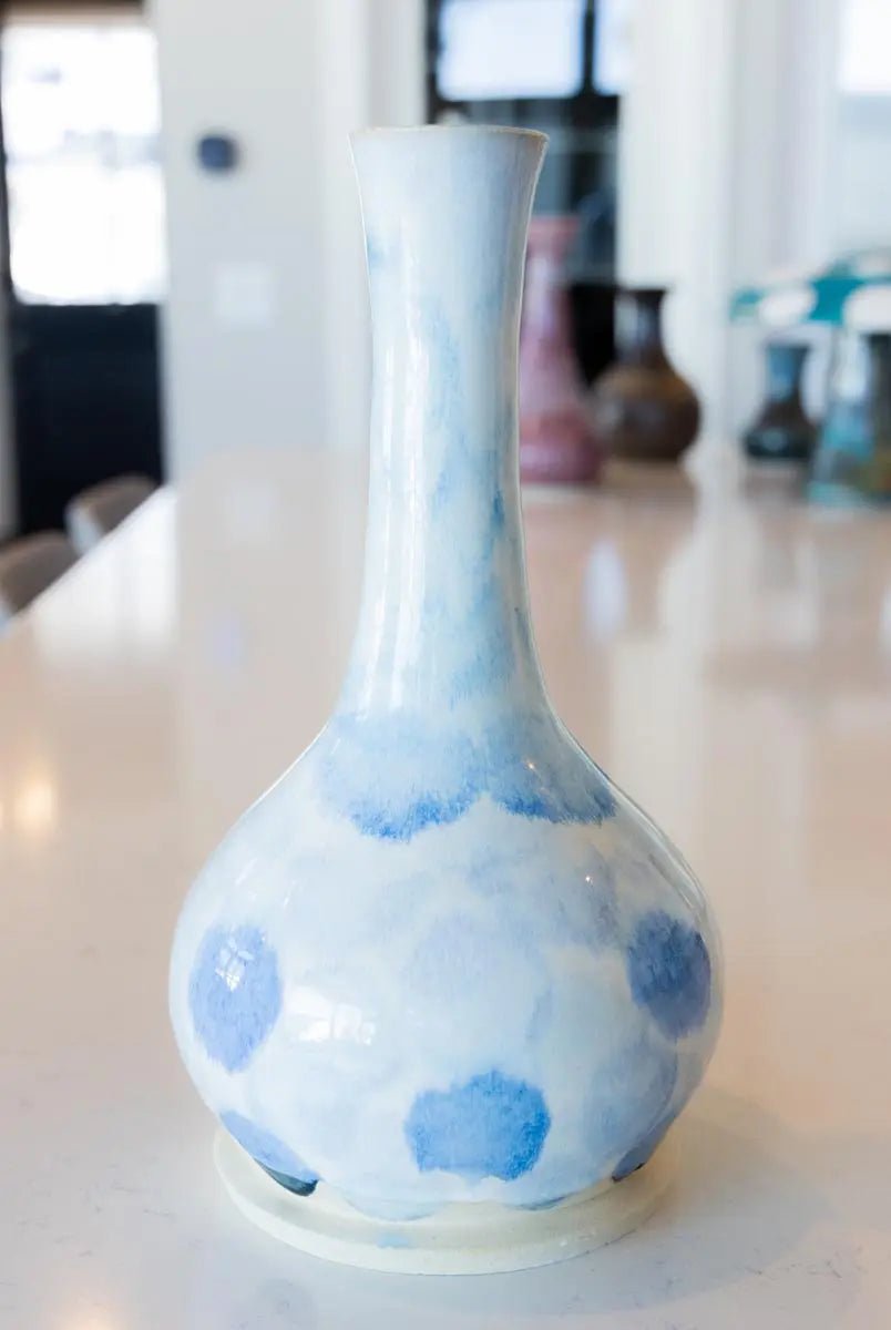 XL Decorative Stoneware Broad Based Vase - Handcrafted Blue and White Ceramic Vase for Home Decor, Wedding Centerpiece, Living Room, Dining Table, and Office Decor