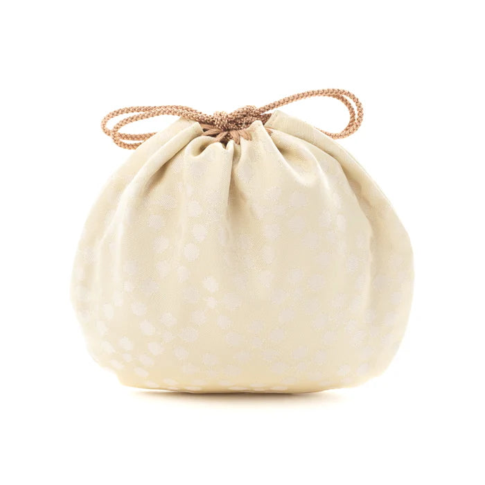 Authentic Nishijin Ori Small Drawstring Bag - Plum Blossom & White - Handmade Kyoto Japanese Traditional Craft Purse for Coins, Jewelry & Gift Giving