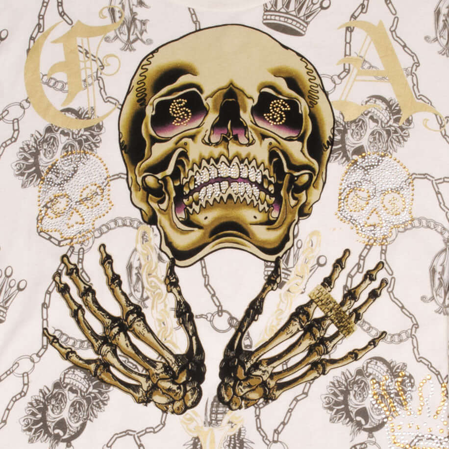 Vintage Christian Audigier Rhinestone Skull Long Sleeve T-Shirt - Gothic Rock Style for Men & Women - Perfect for Concerts, Halloween & Edgy Streetwear (Large, 2000s Retro Fashion)