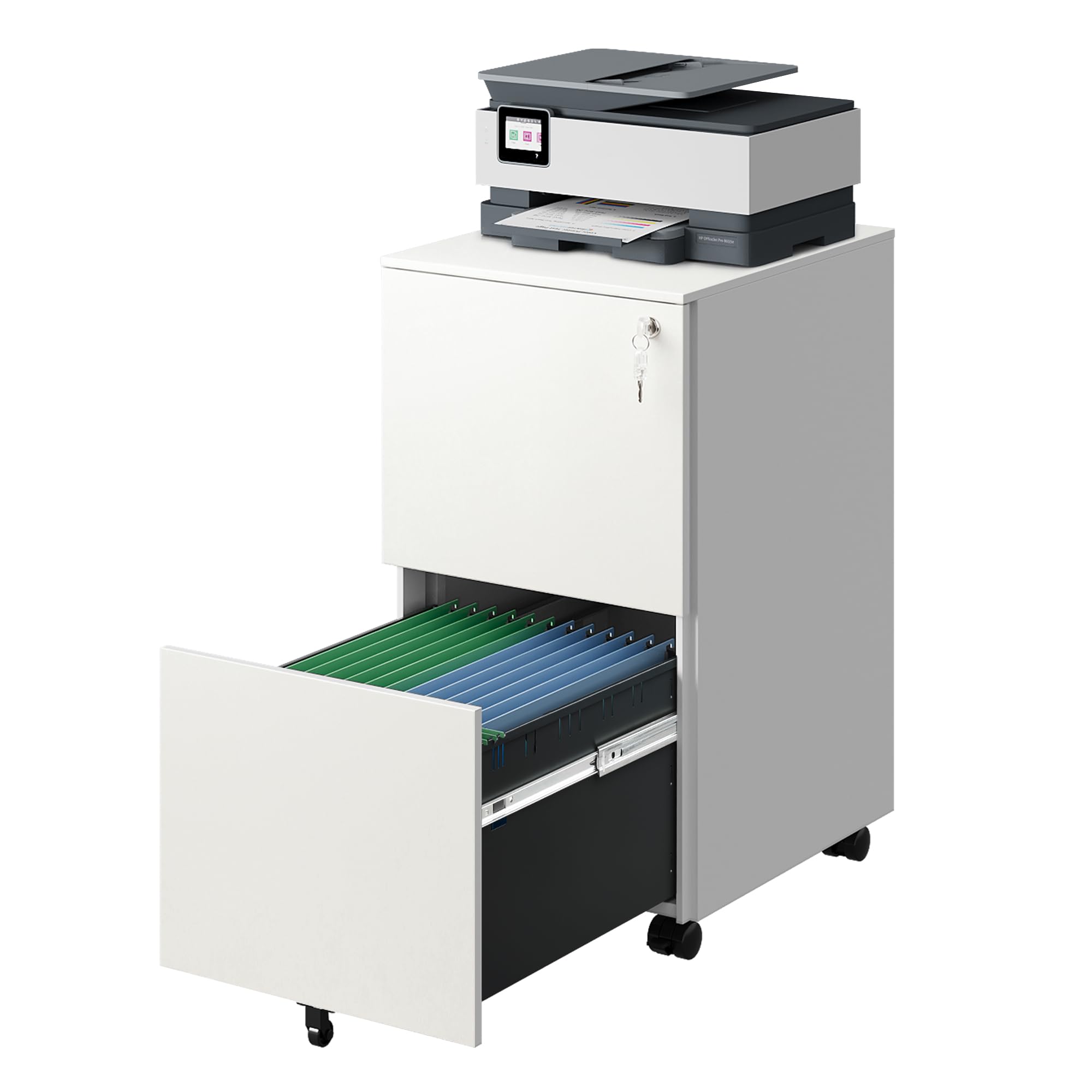 DEVAISE 2-Drawer Locking Rolling File Cabinet - Metal Home Office Storage Organizer with Wheels, White - Perfect for Desk Organization & Document Filing in Small Spaces