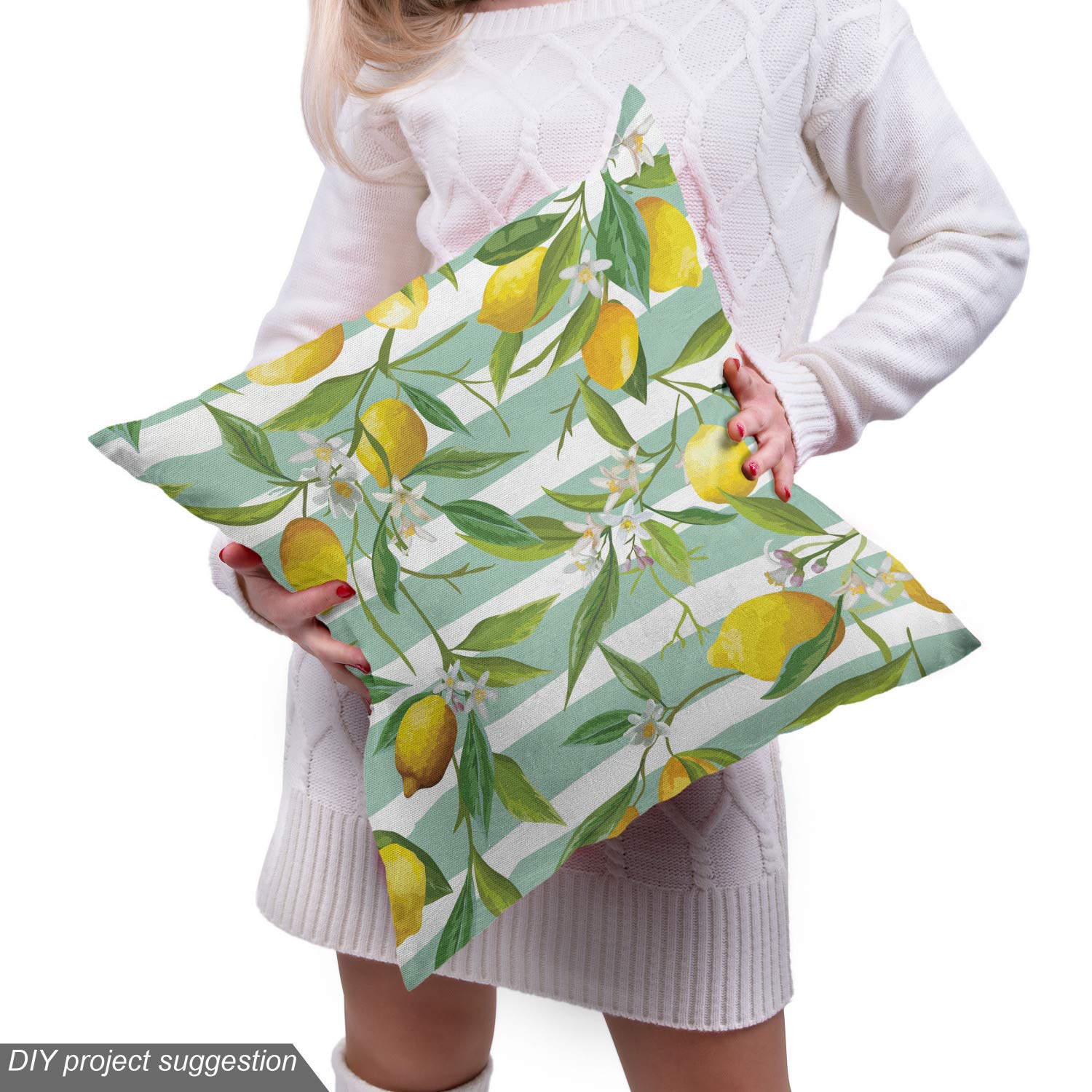 Ambesonne Nature Fabric by The Yard - Blooming Lemon Tree on Striped Paintbrush Background, Evergreen Art Decorative Fabric for Upholstery, Curtains & Home Decor (10 Yards, Fern Green) | Perfect for DIY Projects, Sofa Covers, Tablecloths & Crafting