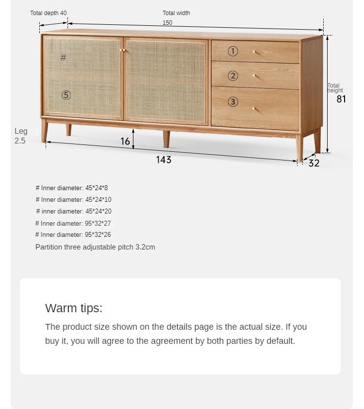 Oak Solid Wood Rattan Modern Sideboard Buffet Cabinet - Stylish Storage for Dining Room, Living Room & Entryway
