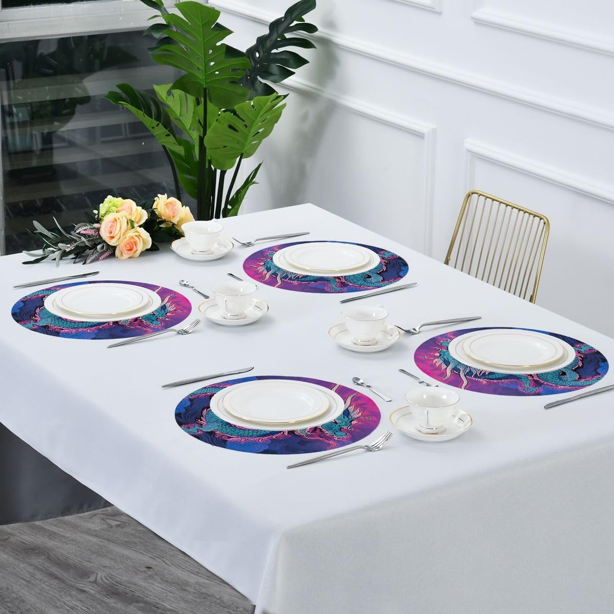 Premium Round Washable Placemats Set of 4 - Chinese Dragon Design Polyester Table Mats for Dining & Kitchen Decor | Perfect for Holiday Dinners, Family Gatherings & Restaurant Use