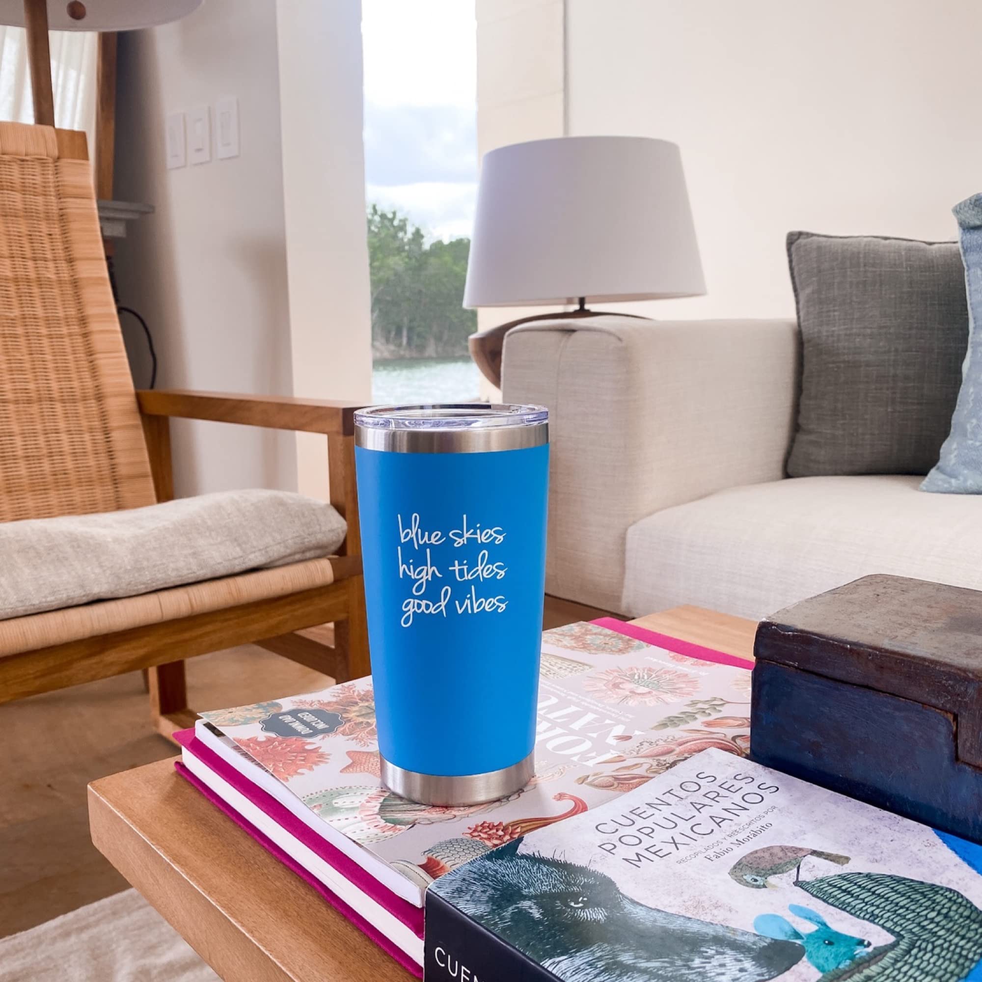 Blue Skies High Tides 20 oz Tumbler - Light Blue Beach & Lake Travel Mug, Tropical Vacation Gift for Beach Days, Lake Getaways, and Outdoor Adventures