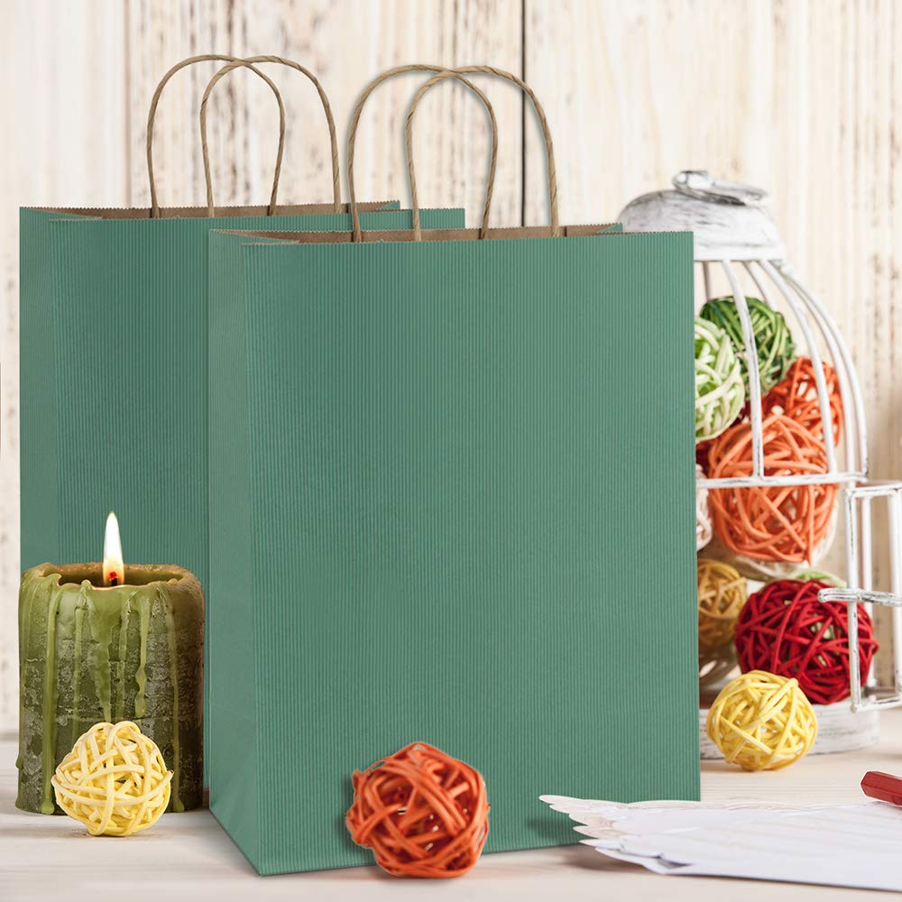 Eco-Friendly 25-Pack 10x5x13 Inch Green Striped Kraft Paper Shopping Bags with Handles - 100% Recycled Retail Merchandise Bags for Parties, Gifts, Boutique & Grocery Stores | Sustainable Packaging Solution