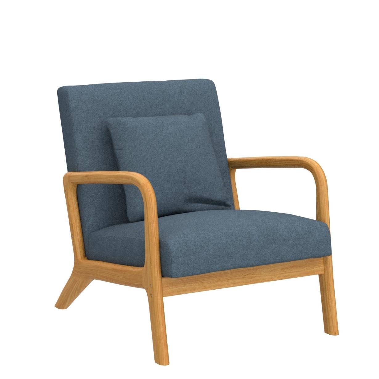 Mid-Century Modern Accent Chair - Solid Wood Frame Armchair with Soft Cushion & Pillow - Comfortable Deeper Sitting Chair for Living Room, Bedroom, Balcony - Perfect for Relaxing, Reading & Home Decor (Navy Blue)