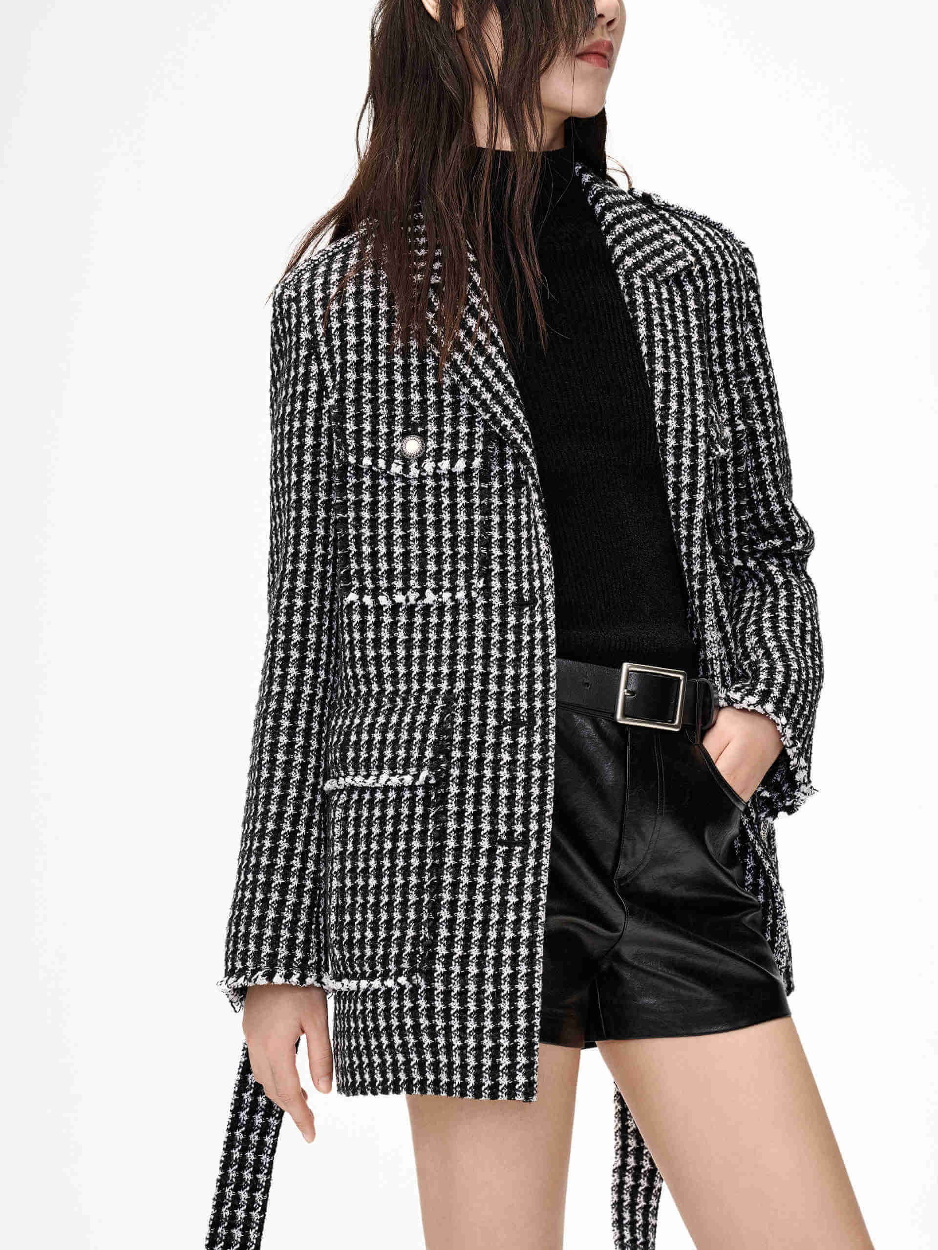 Stylish Houndstooth Pattern Belted Jacket for Women - Trendy Fall & Winter Outerwear - Perfect for Office, Parties & Casual Outings