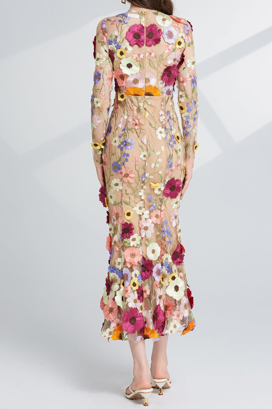 CAROL Brown Floral Embroidered Mesh Long Sleeve Midi Dress for Women - Elegant Party, Wedding Guest & Spring Occasion Wear