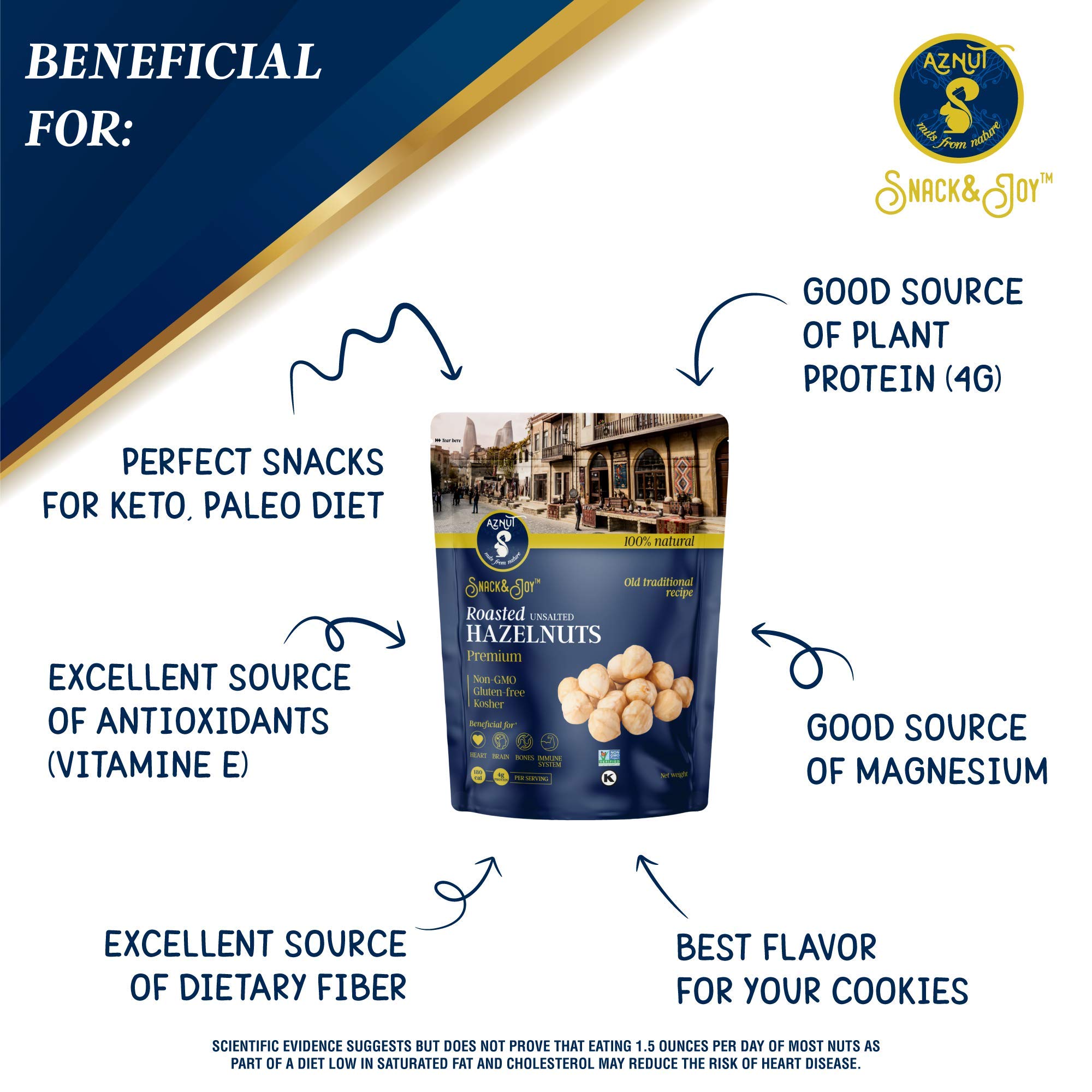AZNUT Premium Roasted Unsalted Hazelnuts 3 LB - 100% Natural Non-GMO, Kosher Certified, No Salt, No Oil, Gluten Free, Keto-Friendly Snacks in Resealable Bag | Perfect for Baking, Healthy Snacking & Keto Diet
