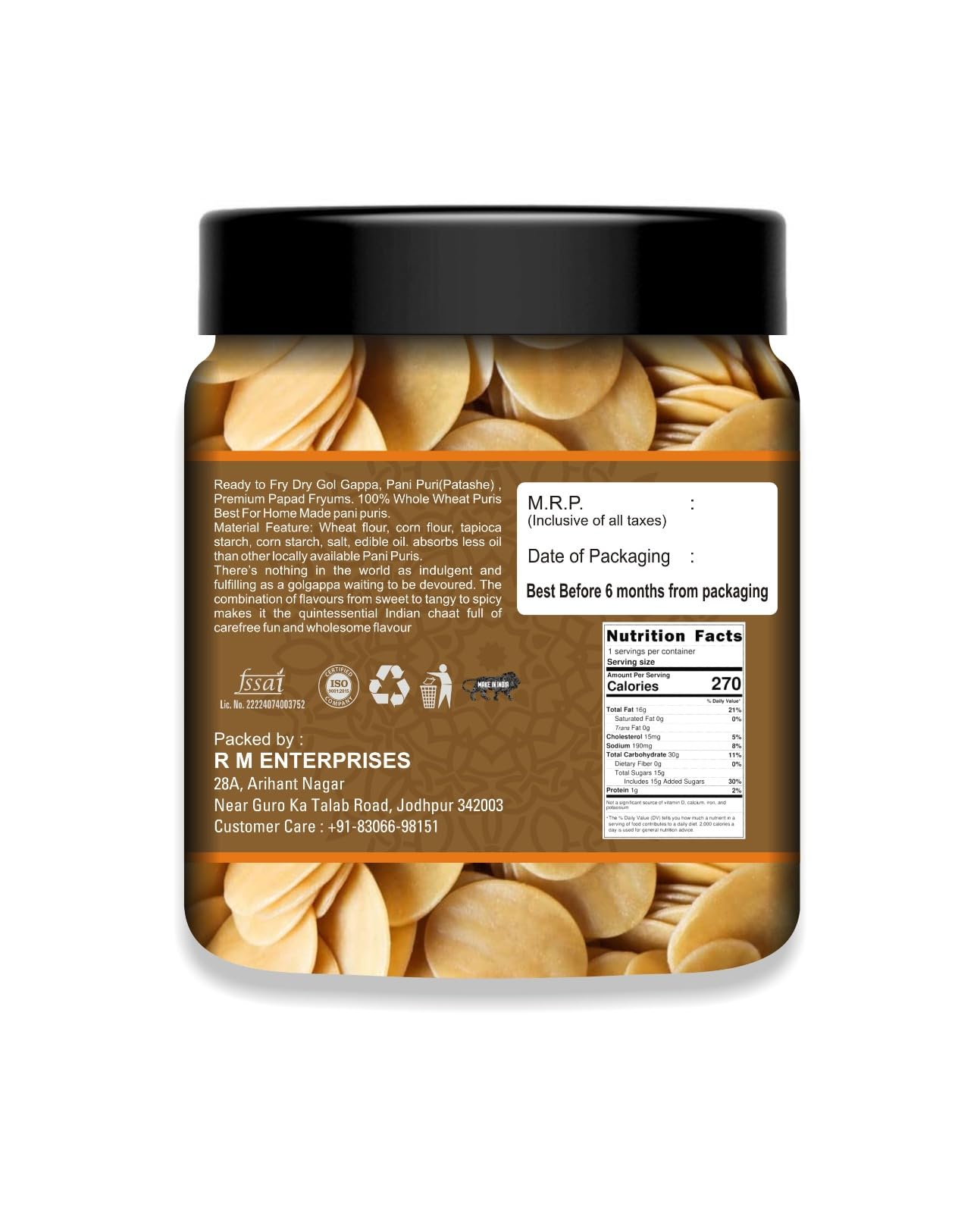 PURE EMPIRE Instant Pani Puri Papad | Ready-to-Fry Golgappa Fryums | Crispy & Crunchy Indian Snack – 500g Jar | Perfect for Homemade Puchka, Party Appetizers & Diwali Celebrations
