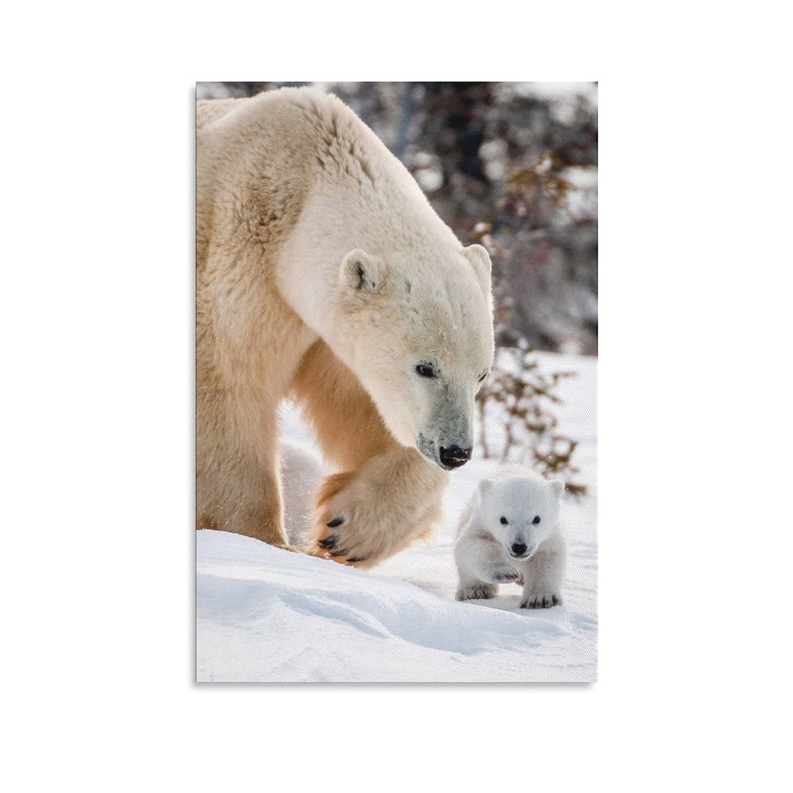Polar Bear and Cubs Emerging from Den Canvas Wall Art - Wildlife Nature Poster for Living Room, Bedroom & Office Decor - Perfect Gift for Animal Lovers