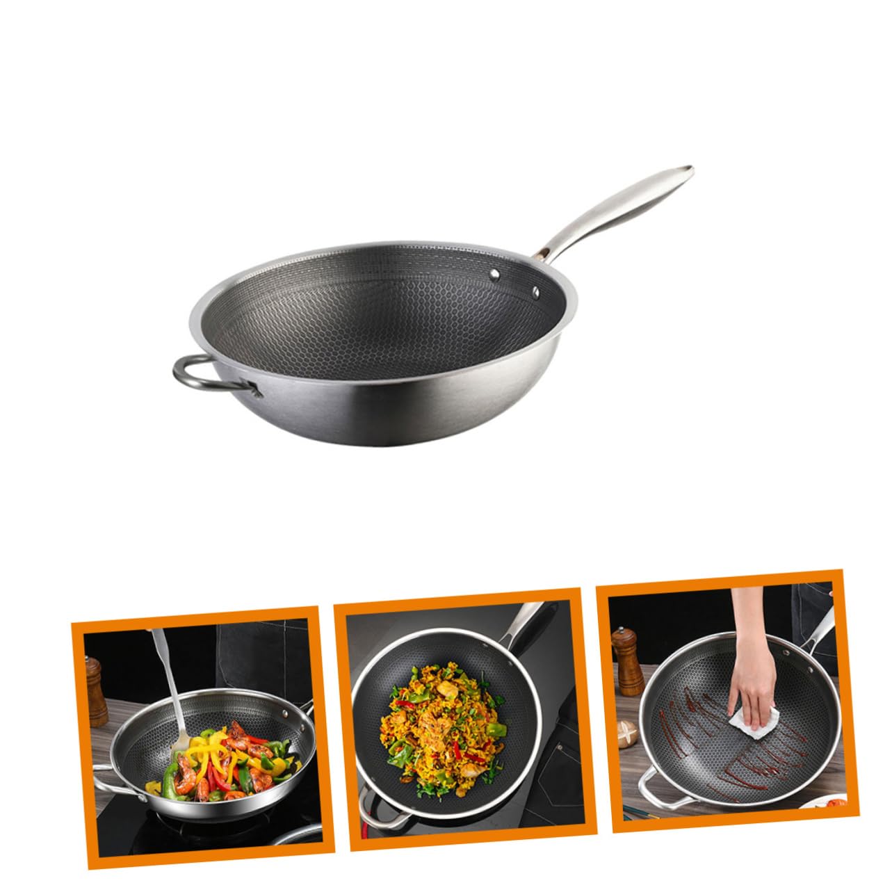 DECHOUS 34cm Stainless Steel Honeycomb Grain Nonstick Wok Pan - Induction, Electric & Gas Stove Safe - Easy Clean BBQ & Stir Fry Cooking Pan for Home Kitchen