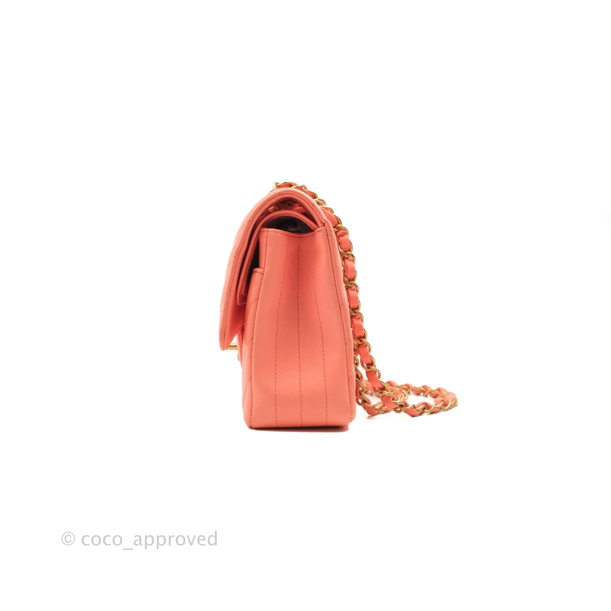 Chanel Classic M/L Medium Chevron Double Flap Bag in Coral Pink Lambskin with Aged Gold Hardware - Luxury Shoulder Bag for Women, Perfect for Parties, Weddings & Special Occasions