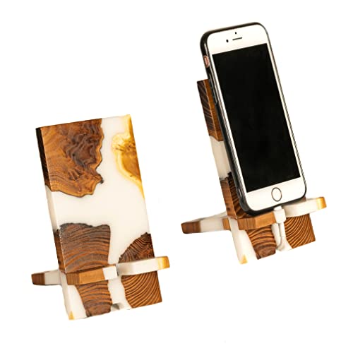 Premium Resin & Wood Phone Stand for Desk - Universal Foldable Cell Phone Holder Compatible with iPhone 14/13/12 Pro Max, iPad Mini - Portable Charging Stand for Office, Bedroom & Travel (White) | RWA Resinwood.art