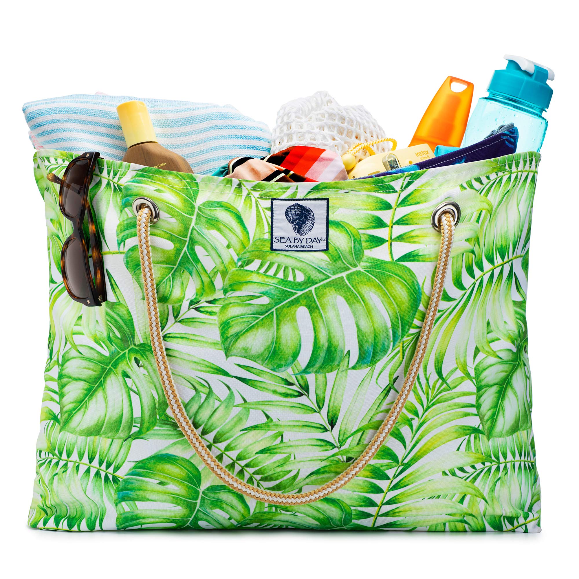 Waterproof Tote Bags for Women - Large Beach Bags & Travel Weekender Tote with Zipper - Perfect for Vacation, Gym, Shopping & Daily Use (Palm Print Design)
