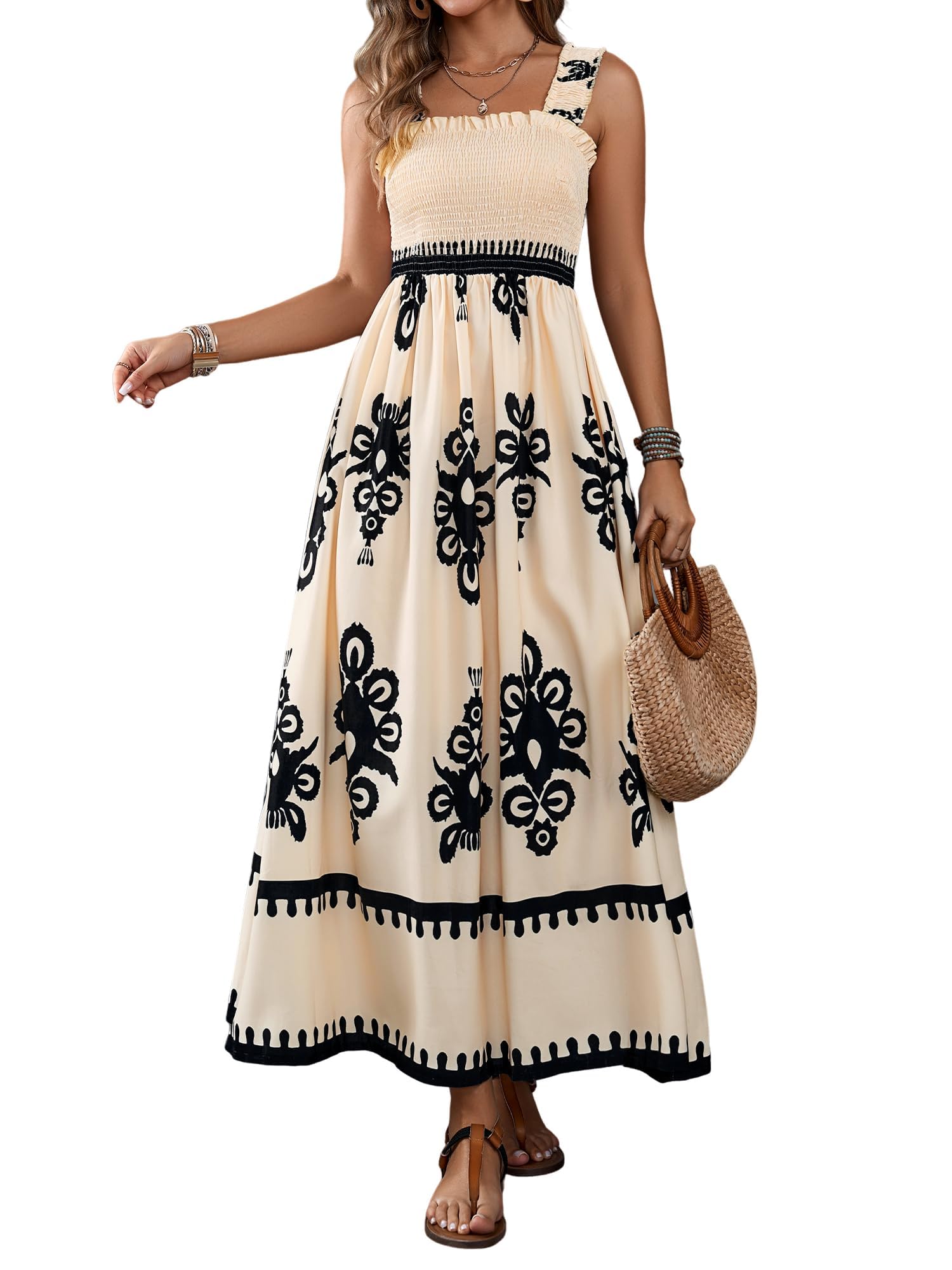 Boho Maxi Dress for Women - Square Neck Long Summer Dress Casual Flowy Sundress for Beach Vacation, Spring & Summer 2025 | Perfect for Outdoor Parties, Travel & Relaxing by the Sea