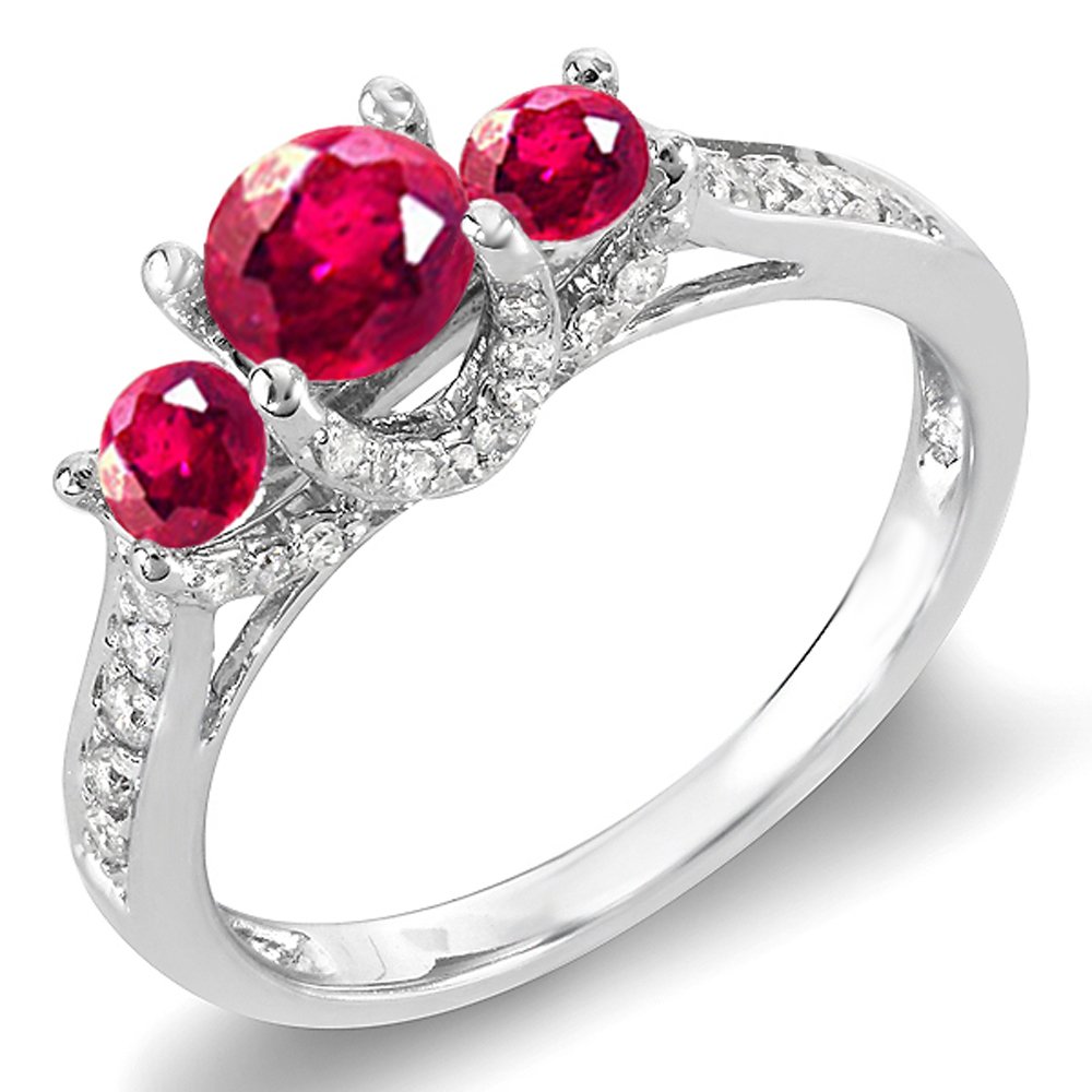 Dazzlingrock Collection 18K White Gold Round Cut White Diamond & Ruby Three-Stone Women's Engagement Ring for Bridal Wedding Proposal - Perfect for Anniversary, Valentine's Day & Special Occasions