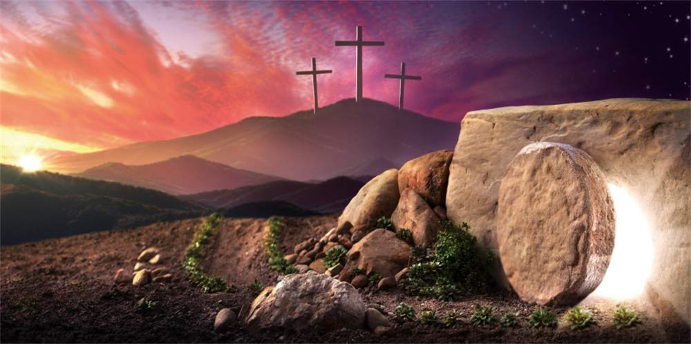 10x5ft Jesus Christ Cross Easter Backdrop - Sunrise Golgotha Crucifixion Scene with Holy Light & Stone Cave Tomb - Durable Vinyl Photography Background for Church Events, Easter Celebrations, and Photo Studio Props