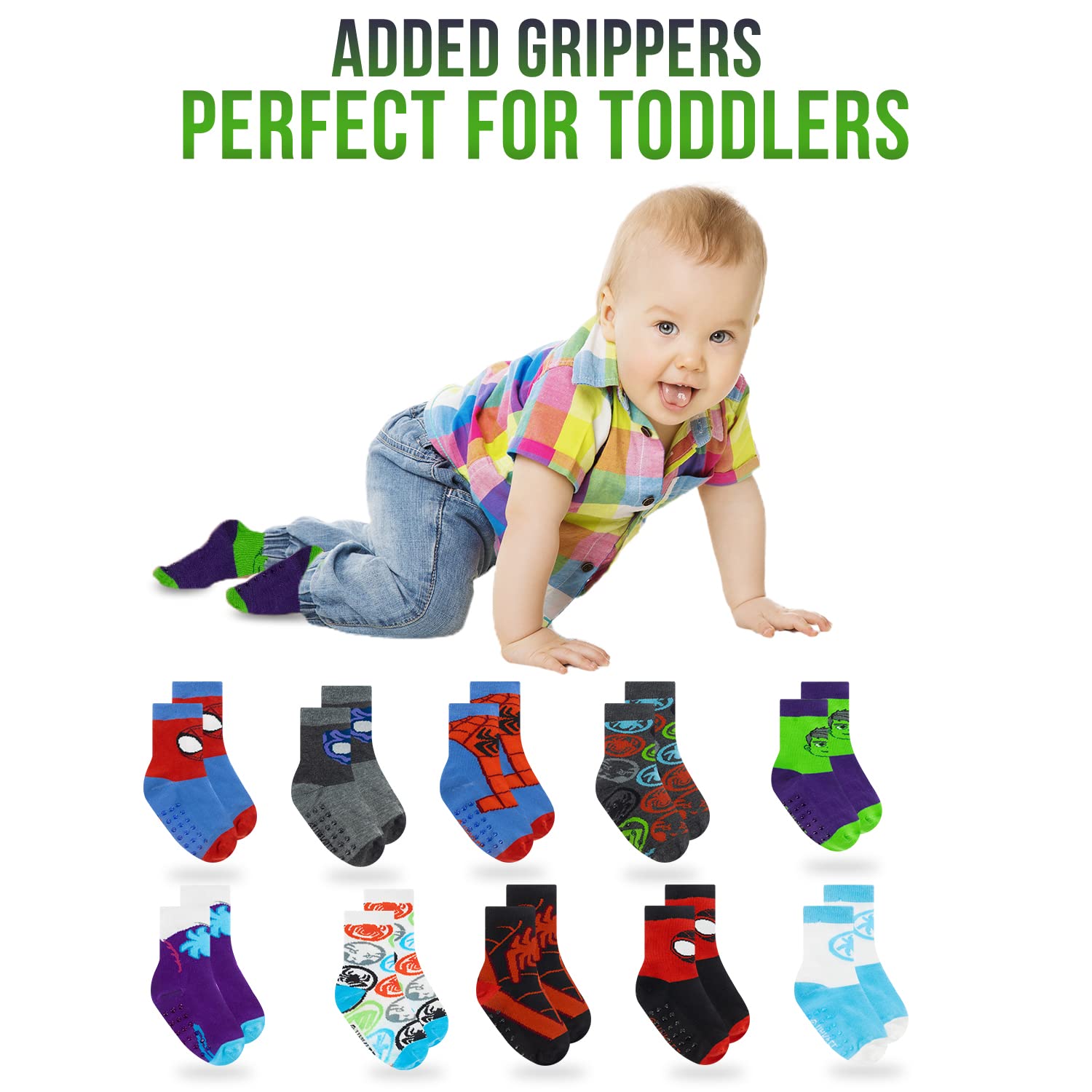 Spider-Man Grip Socks for Toddler Boys - 10 Pack Non-Slip Socks with Superhero Design - Perfect for Playtime, Daycare & Indoor Activities