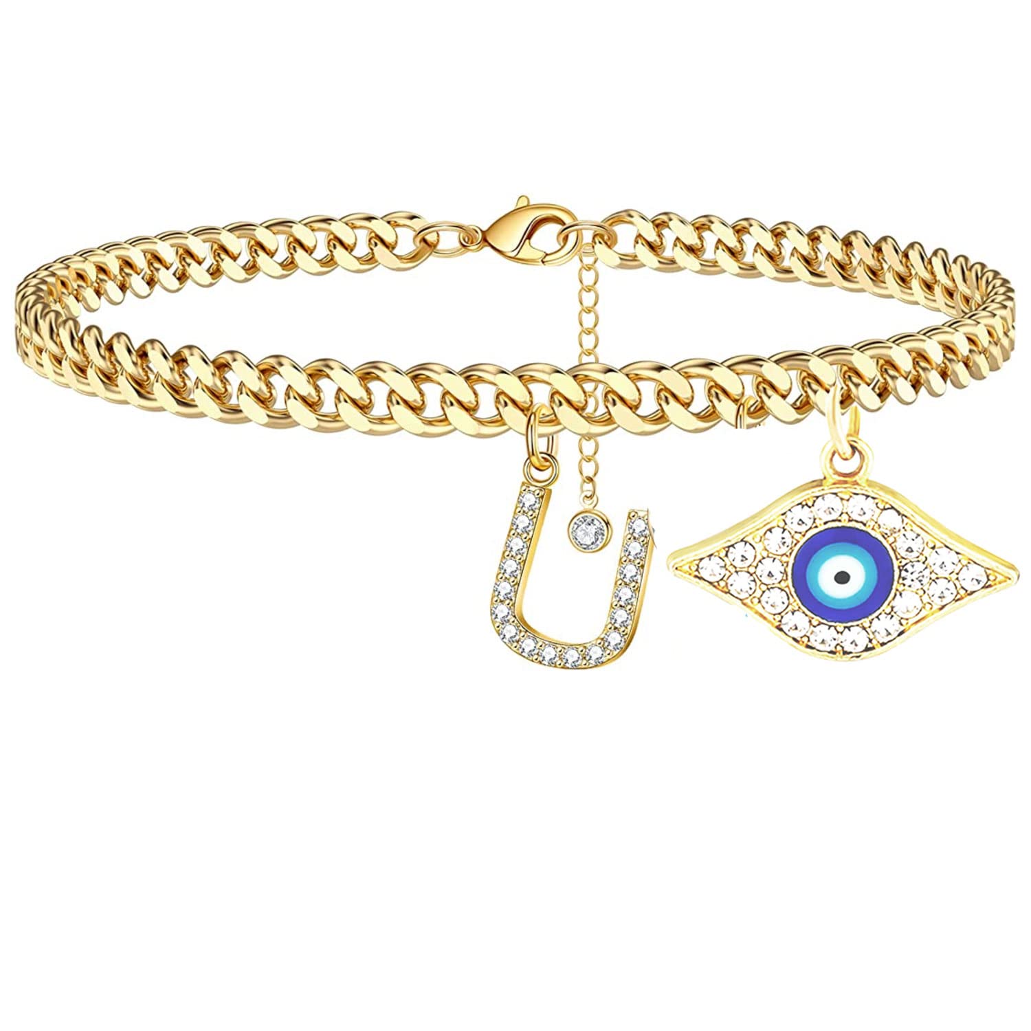 18K Gold Plated Dainty Cuban Link CZ Initial Anklet for Women - Evil Eye Protection Ankle Bracelet, Summer Jewelry Gift for Teen Girls & Women - Perfect for Beach Vacations, Date Nights & Everyday Wear