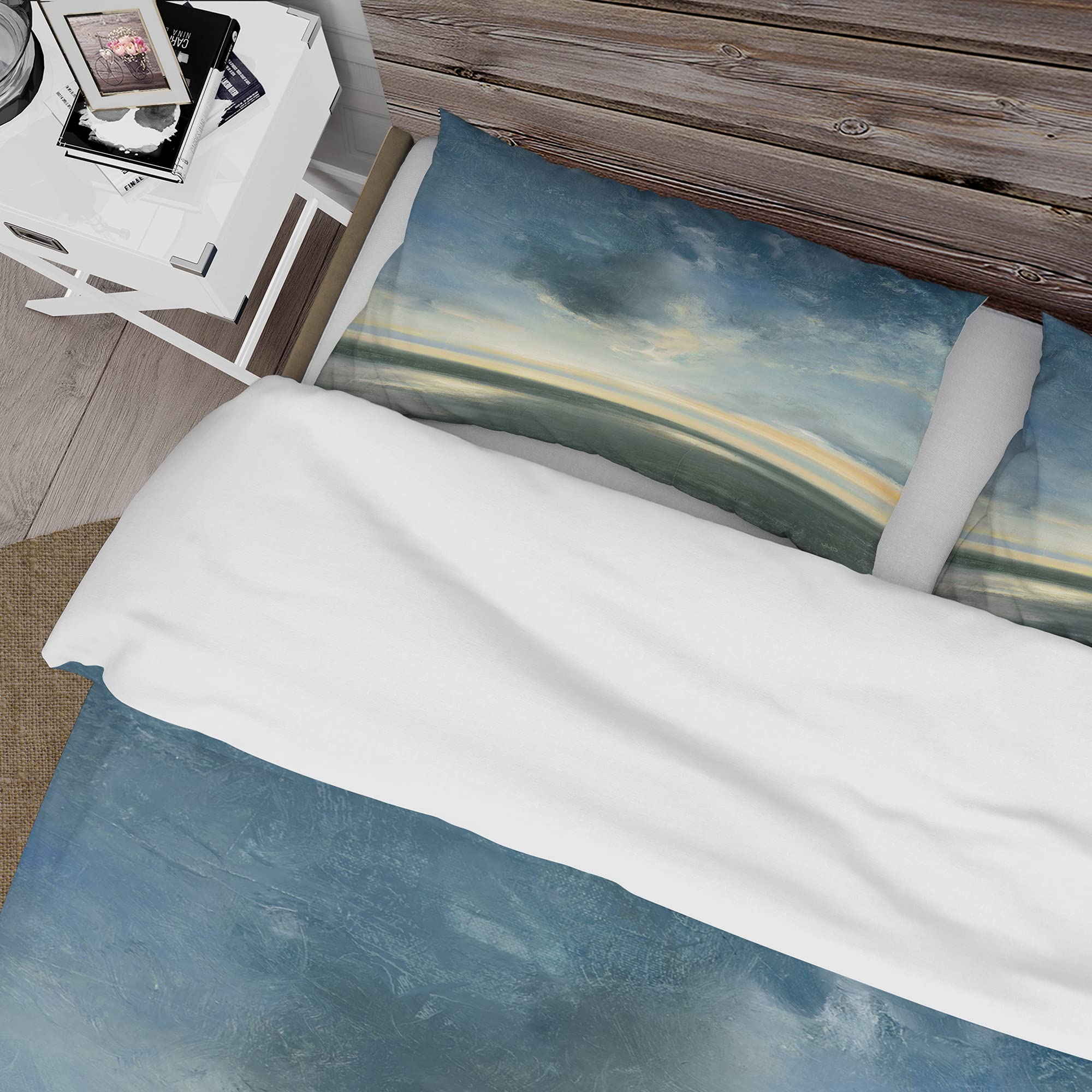 DesignQ Blue Coastal Sunrise Traditional Duvet Cover Set King Size - 3 Piece Landscape Bedding Set for All Seasons | Coastal Decor Bedroom Essentials for Master & Guest Rooms