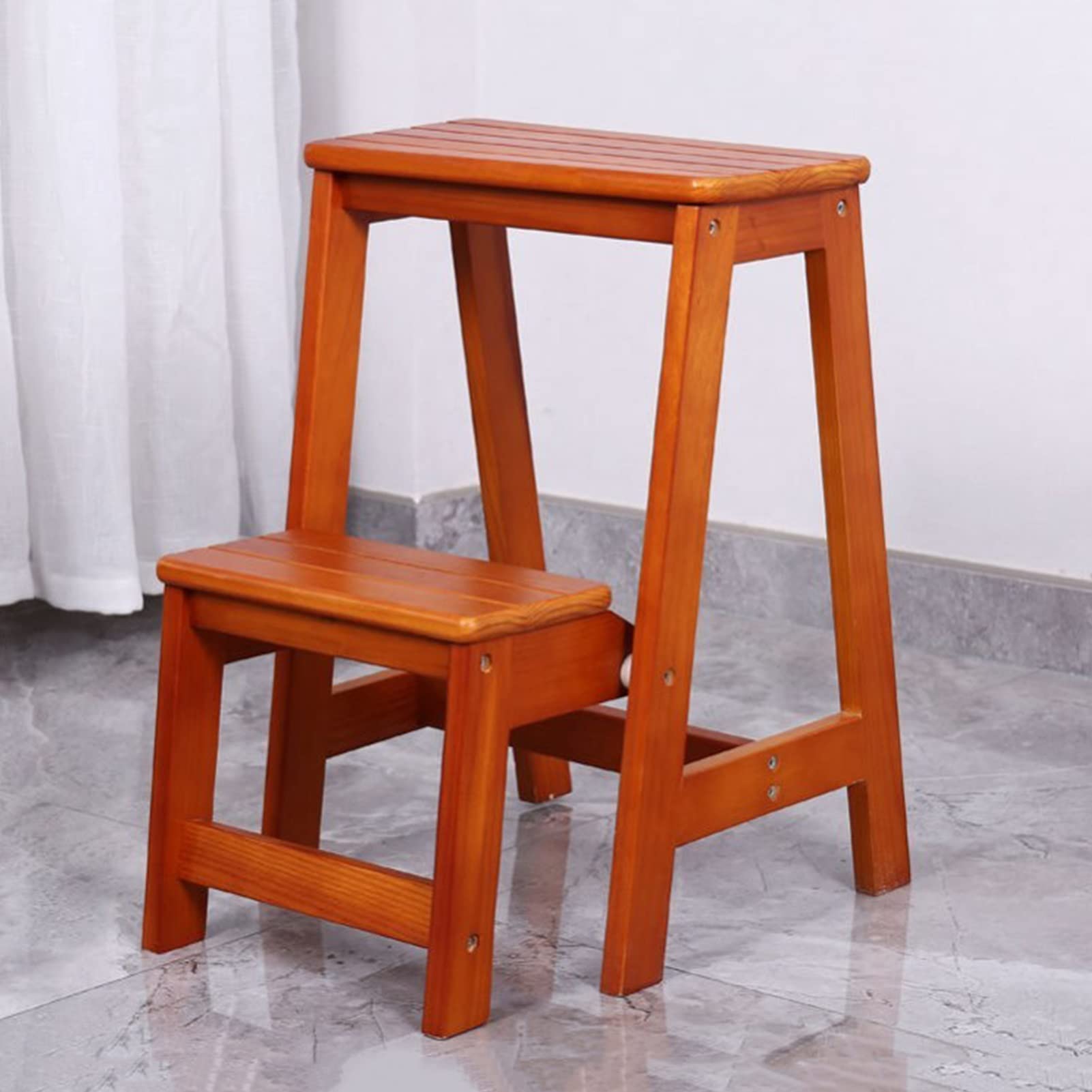 2-Step Folding Wooden Step Stool - Portable Counter Height Stool with Non-Slip Surface for Kitchen, Bathroom, Library & Home Use - Space Saving Step Ladder Stool for Adults & Kids