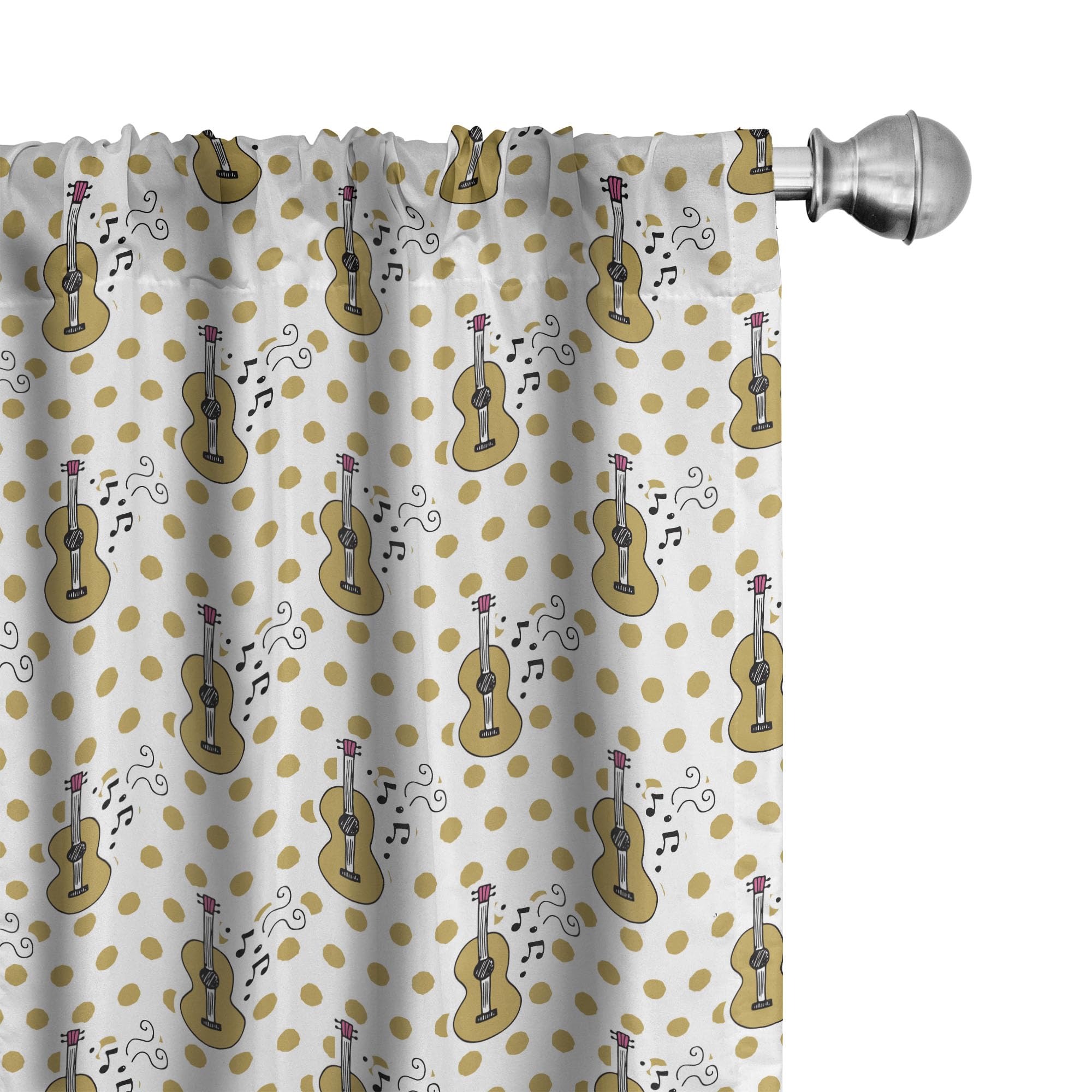 Ambesonne Guitar Themed Curtains - Hand Drawn Musical Instrument & Note Pattern with Retro Polka Dots | 2 Panel Window Treatments Set (28x84 inches) in Pale Coffee, Black & Pink | Perfect for Living Room, Bedroom & Music Studio Decor