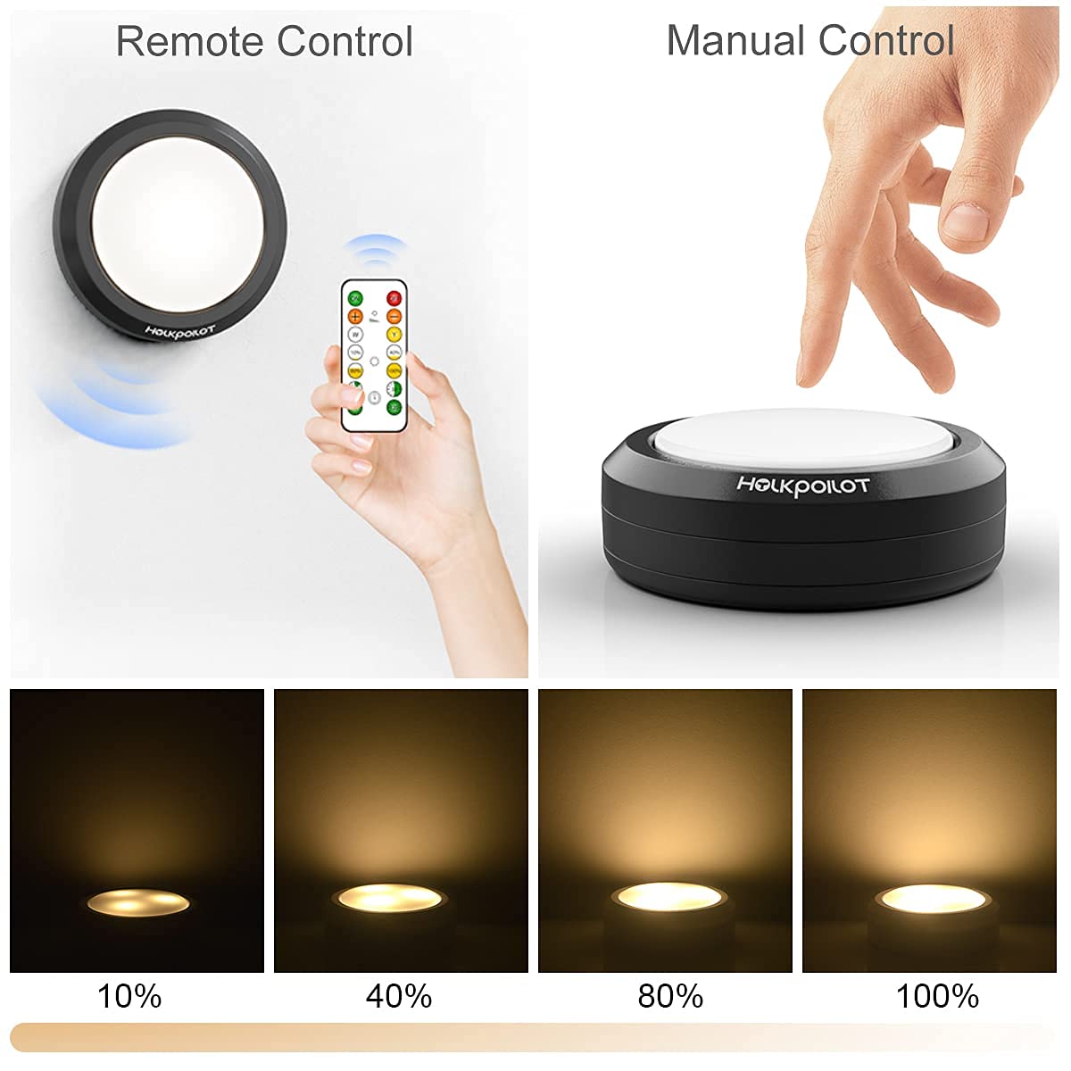 HOLKPOILOT Puck Lights with Remote, 6 Pack LED Under Cabinet Lighting, Battery Operated Push Lights, Stick on Lights for Cupboard, Cabinet, Closet, Shelf - Perfect for Kitchen, Bedroom, Stairs, and Wardrobe