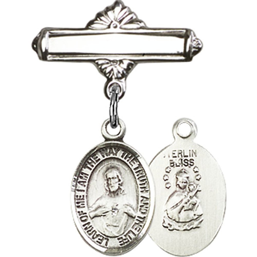Sterling Silver Baby Badge with Scapular Charm - 1 X 5/8 Inch Polished Pin for Christening, Baptism & First Communion Gifts - Religious Jewelry for Newborns & Infants