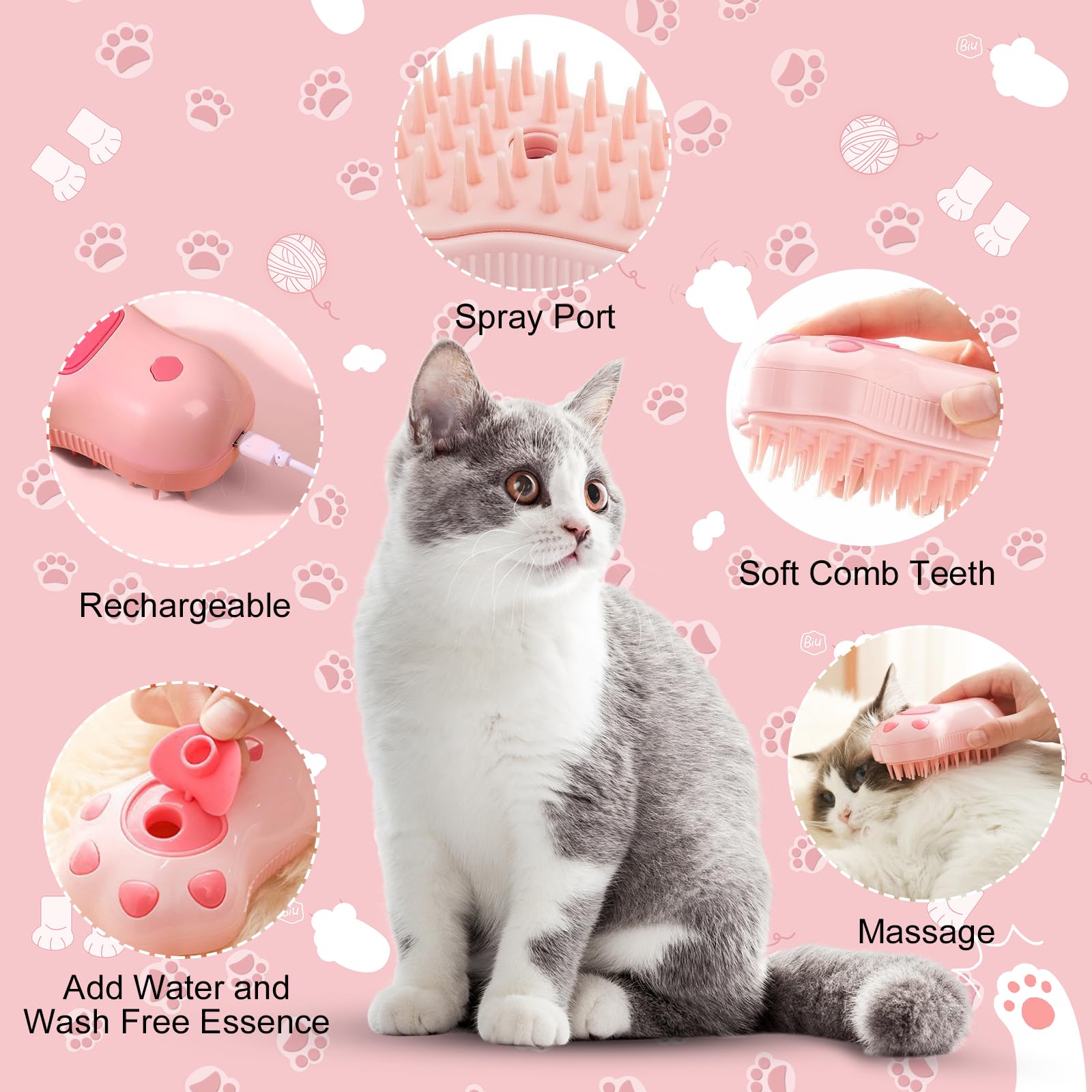 Rechargeable Cat Grooming Brush - 3-in-1 Deshedding & Massage Tool for Pets at Home