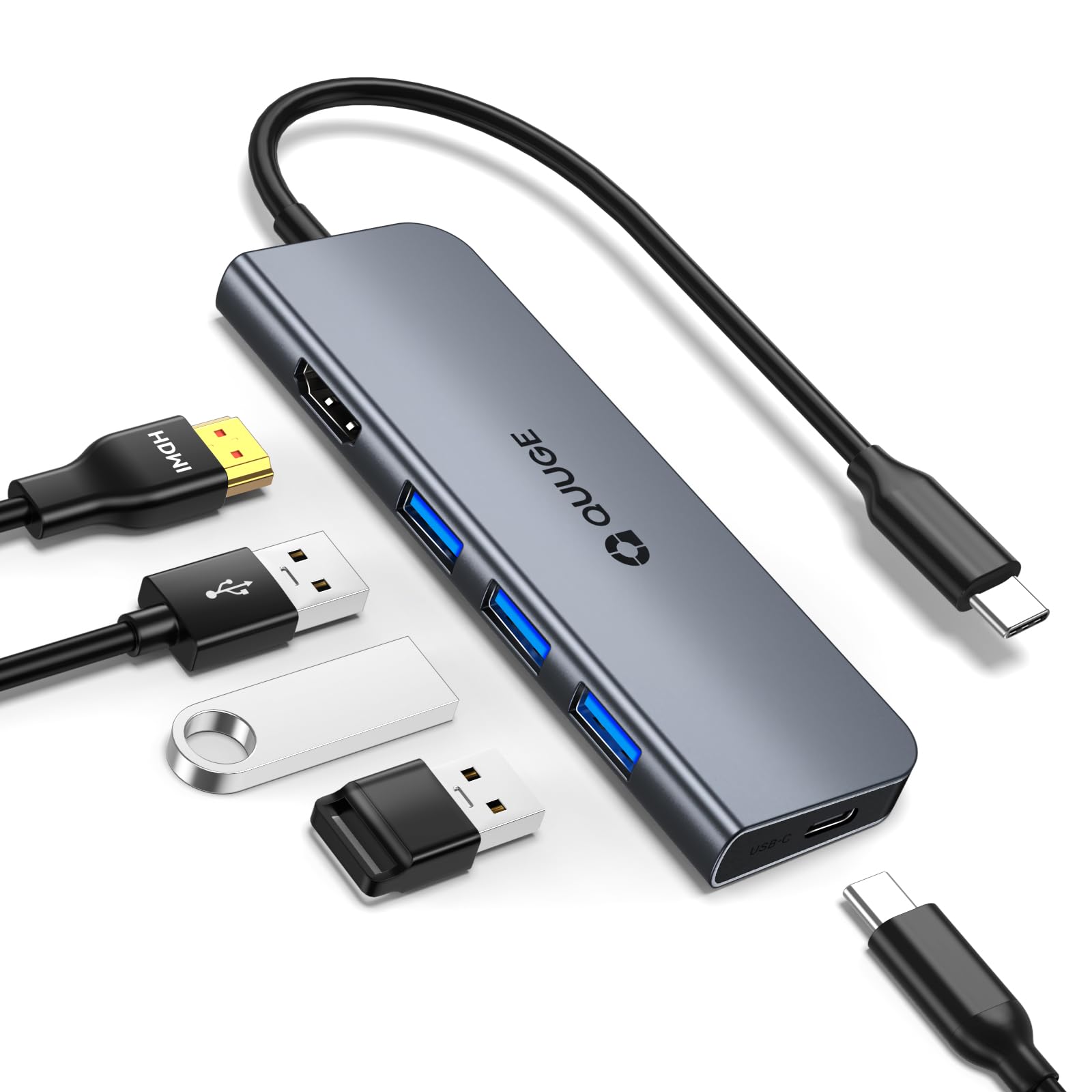 QUUGE 5-in-1 USB C Hub with 4K HDMI, 100W PD Charging, 3 USB 3.0 Ports - Ultra Slim Aluminum USB-C Adapter for MacBook, iPad, iPhone, Galaxy, Dell, Surface - Perfect for Home Office, Travel & Multi-Screen Work
