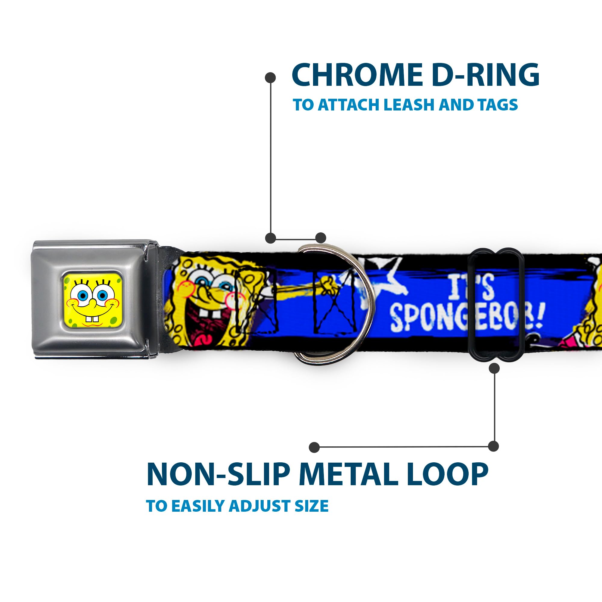 **SpongeBob Dog Collar with Seatbelt Buckle - Adjustable 9-15 Inches, 1.0 Inch Wide - Black, Blue & White Stripes - Perfect for Pet Safety & Cartoon Lovers**    *(Use Cases: Great for walking, training, or car rides with your pet; ideal for SpongeBob fans and stylish dog accessories.)*