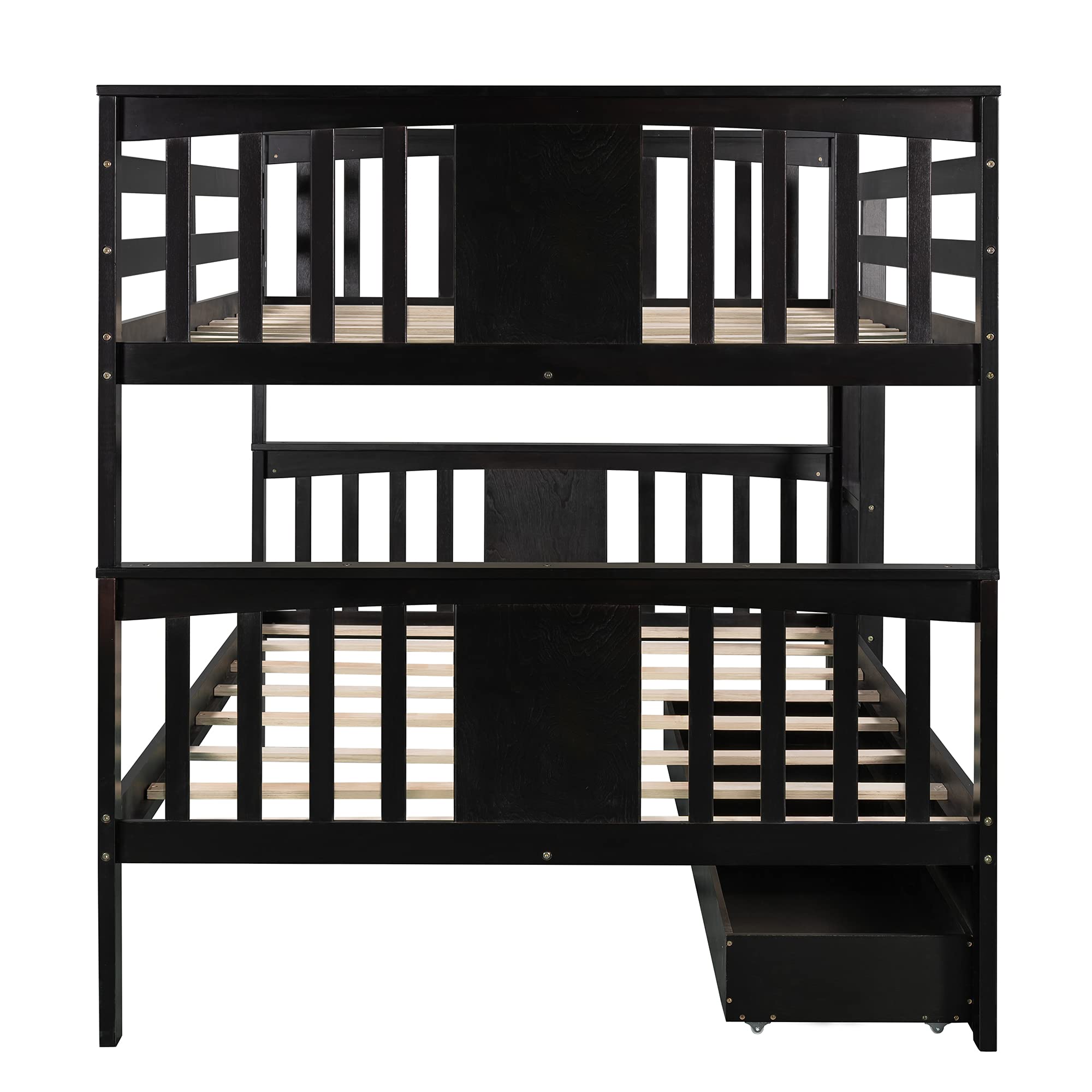 Full Over Full Bunk Bed with Storage Drawers & Safety Rail - Sturdy Wood Bunk Bed for Adults, Kids, Teens - No Box Spring Needed (Espresso Finish) - Perfect for Small Bedrooms, Guest Rooms & Vacation Homes