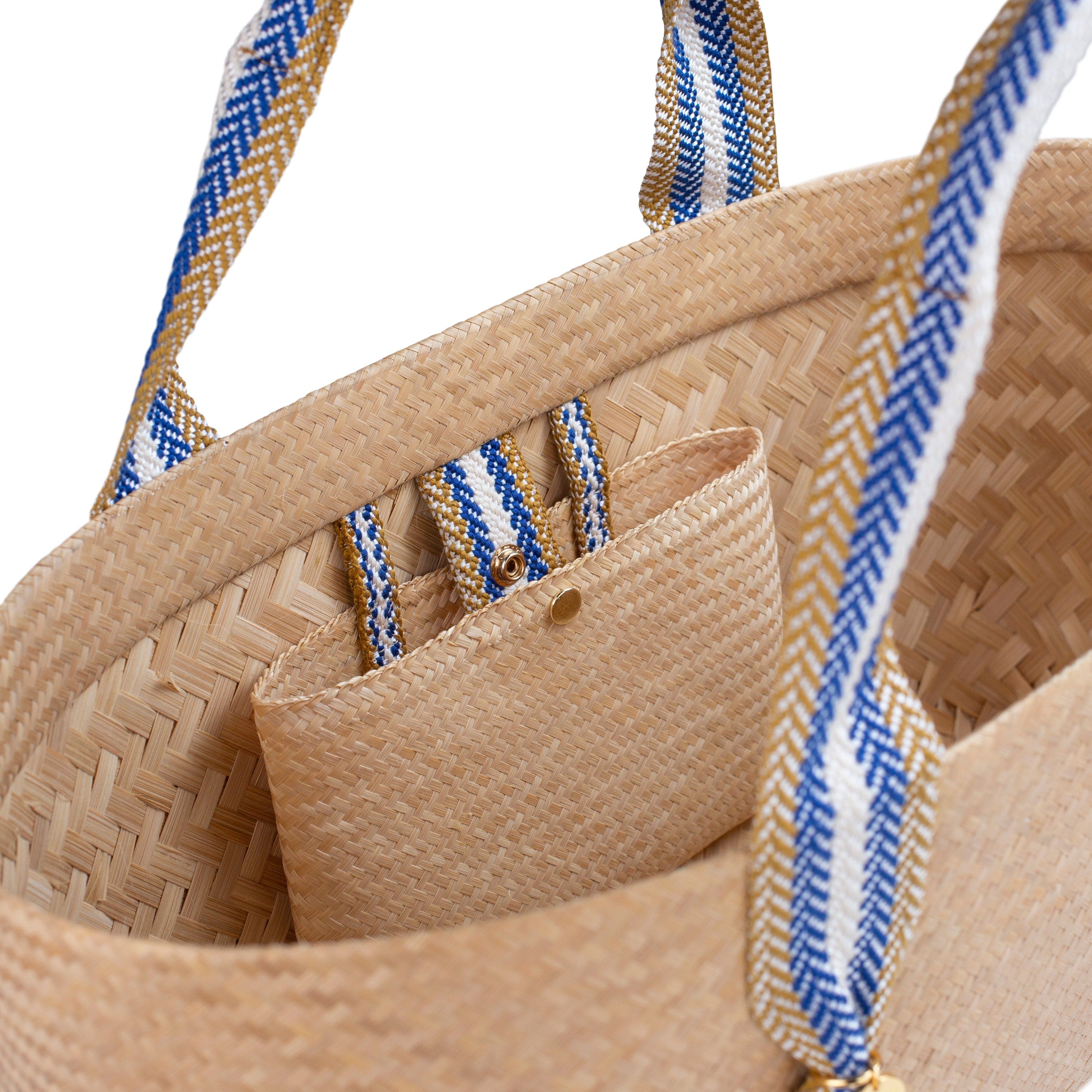 Mentawai Bamboo Vegan Large Tote Bag - Eco-Friendly Natural & Blue Stripe Beach Bag for Women | Perfect for Shopping, Travel, and Beach Day