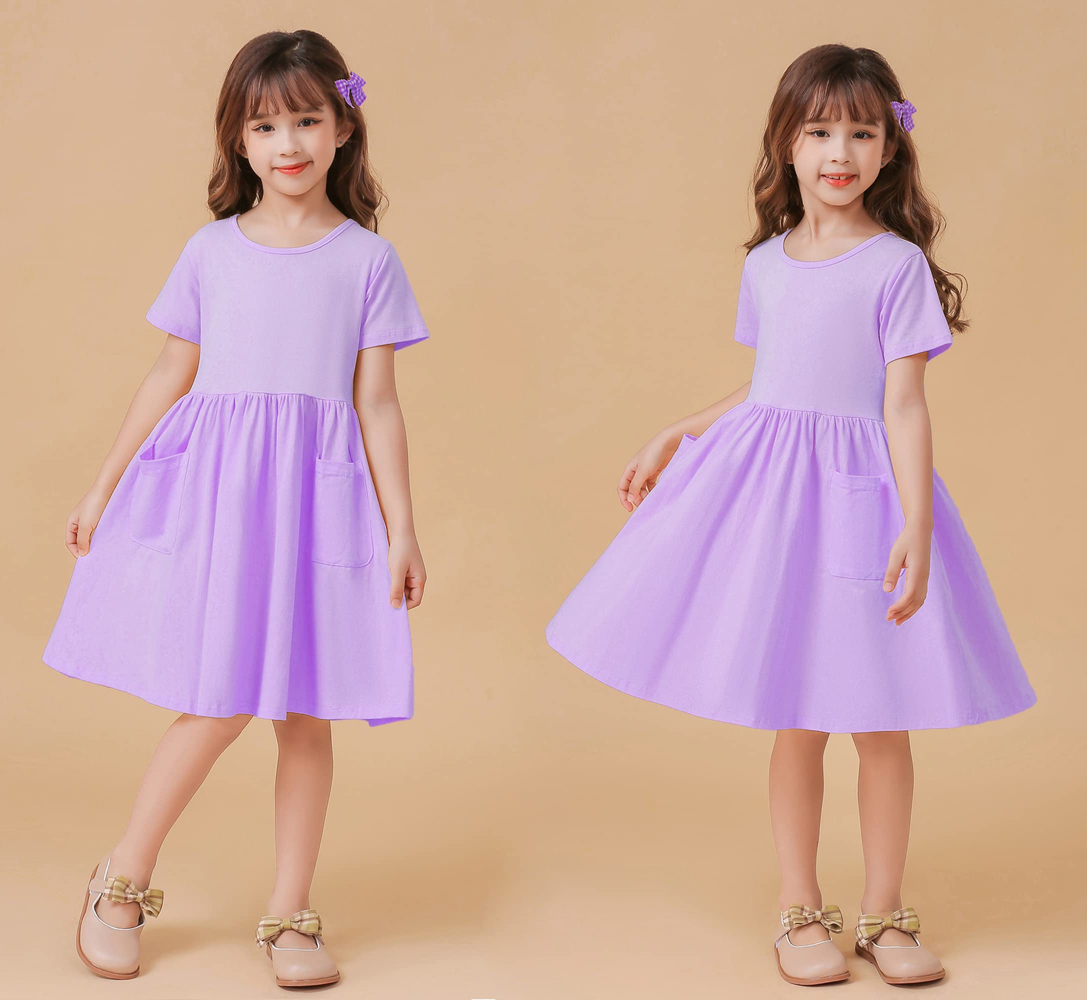 Girls Short Sleeve Solid Color A-Line Pleated Dress with Pockets - Casual Summer Dress for Kids, Playdates & Birthday Parties