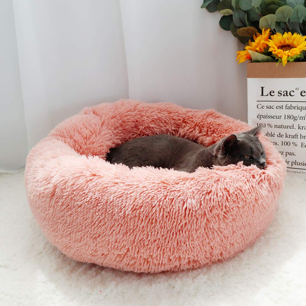 Otoez Round Donut Dog Bed for Small Dogs & Cats - Washable Fluffy Plush Calming Pet Bed with Non-Slip Waterproof Bottom - Anti-Anxiety Cuddler for Puppies & Kittens (23.6