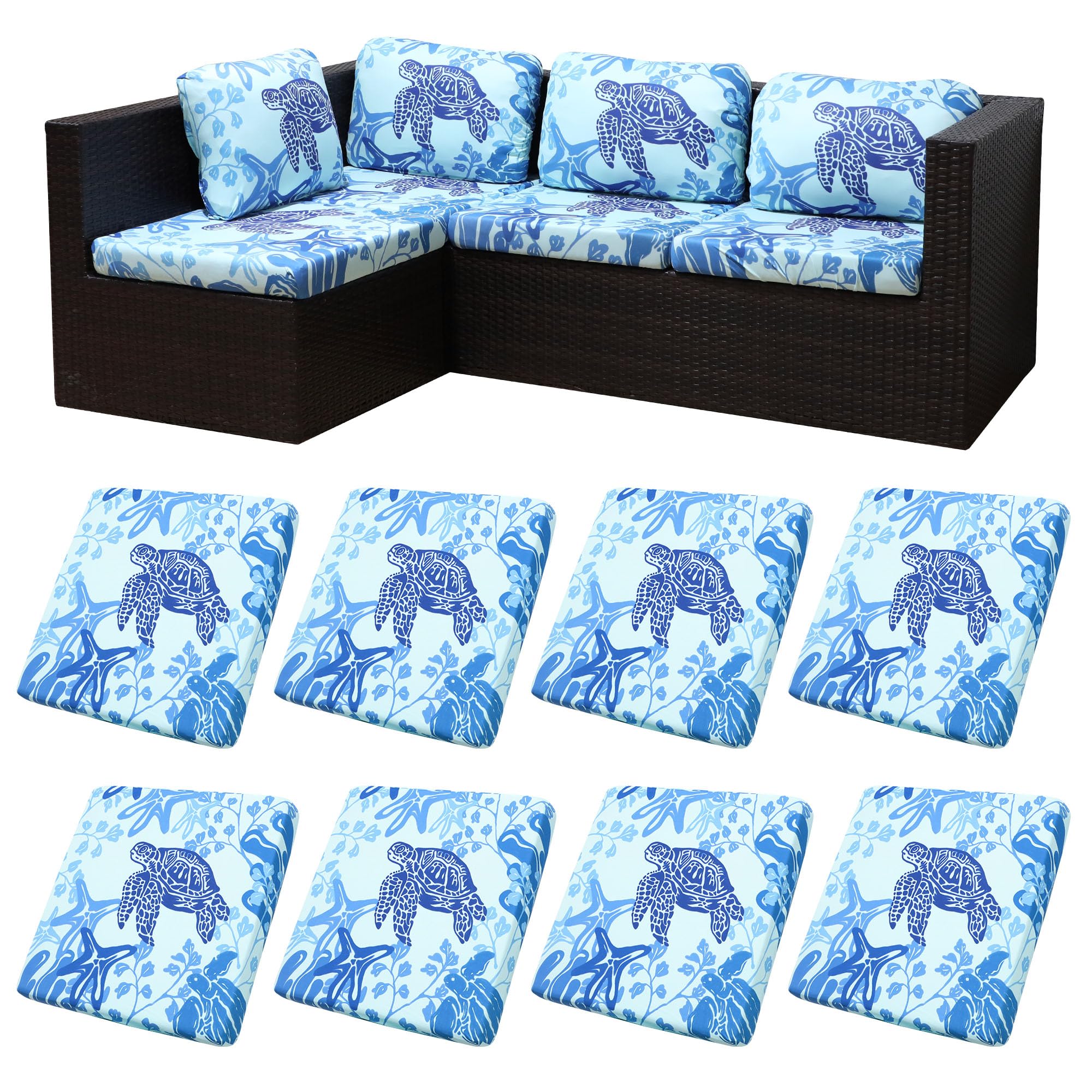 8Pcs Stretch Patio Cushion Covers - Waterproof Outdoor Furniture Slipcovers for Sofa, Chair & Couch Replacement - Washable & Durable Patio Seat Covers (Sea Turtle Pattern) - Perfect for Backyard, Deck, Poolside & Garden Furniture Protection