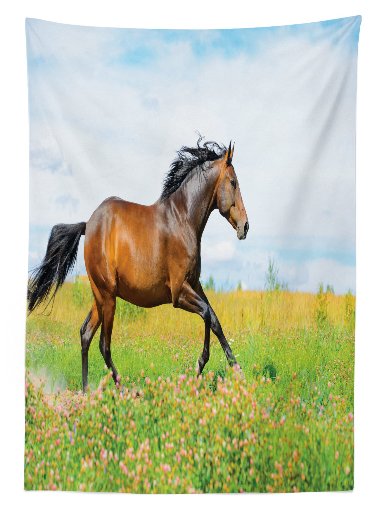 Ambesonne Horse Galloping on Flower Meadow Outdoor Tablecloth - Washable Picnic Table Cover 58x120 Inches - Green Brown Pale Blue Decorative Cloth for Garden Parties, BBQs & Outdoor Dining