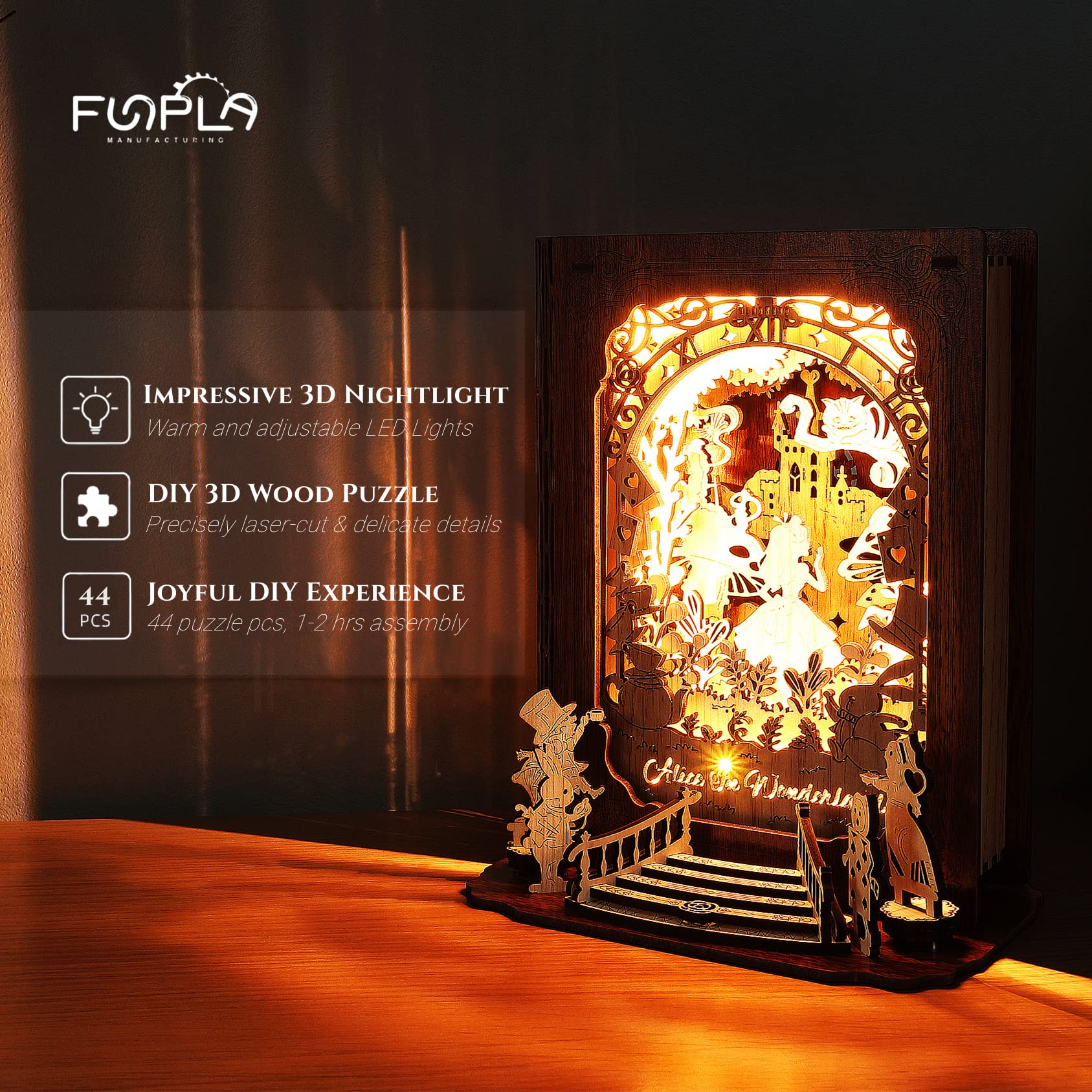 FUNPOLA 3D Puzzle Story Book Lamp - DIY Wooden LED Night Light for Kids & Adults | Alice in Wonderland Themed Bedside Decor | Perfect for Nursery, Bedroom & Gift Giving