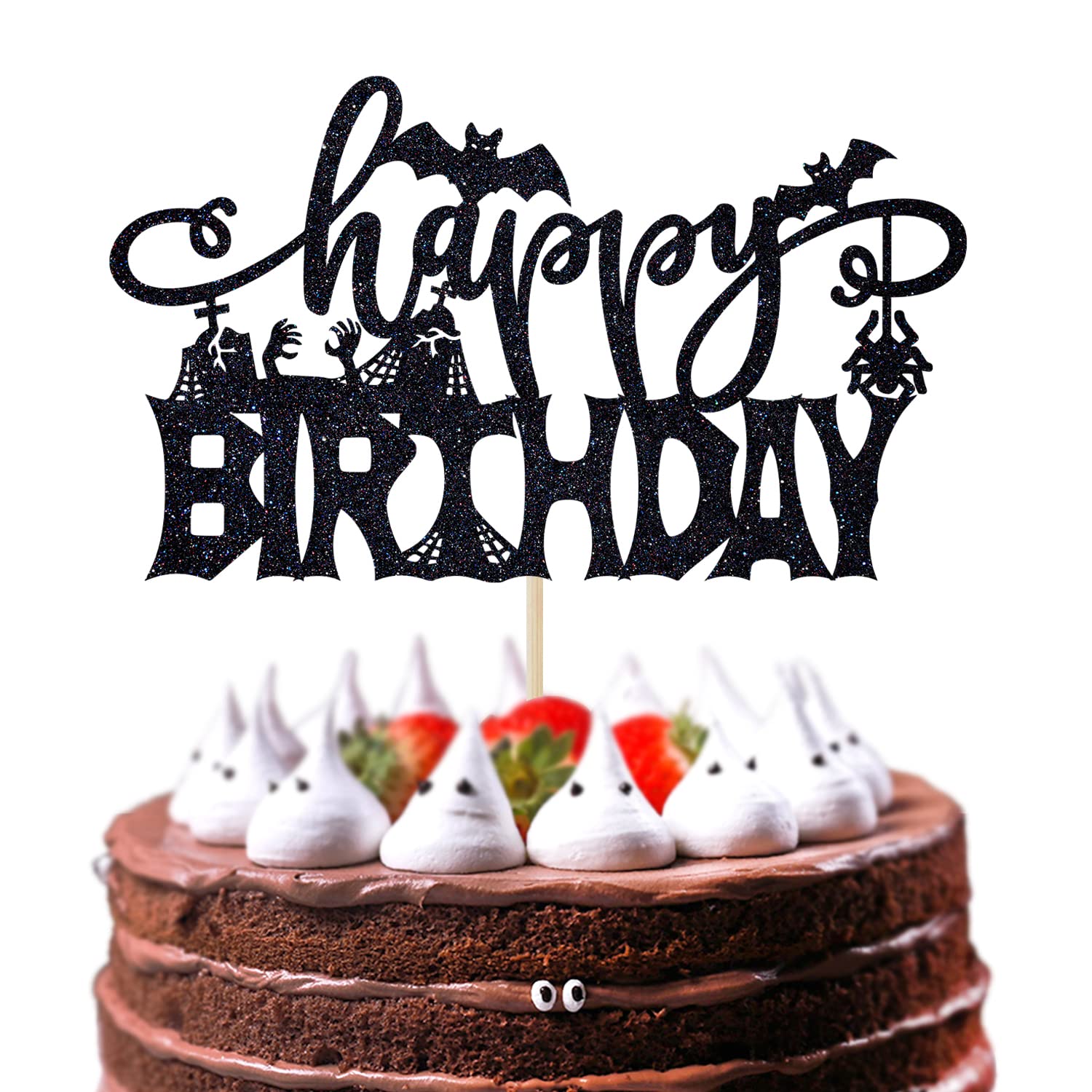 Spooky Zombie Halloween Birthday Cake Topper - Black Glitter Bat & Ghost Cake Decorations for Adult & Kids Parties - Perfect for Halloween Celebrations, Spooky Birthday Cakes, and Themed Dessert Displays