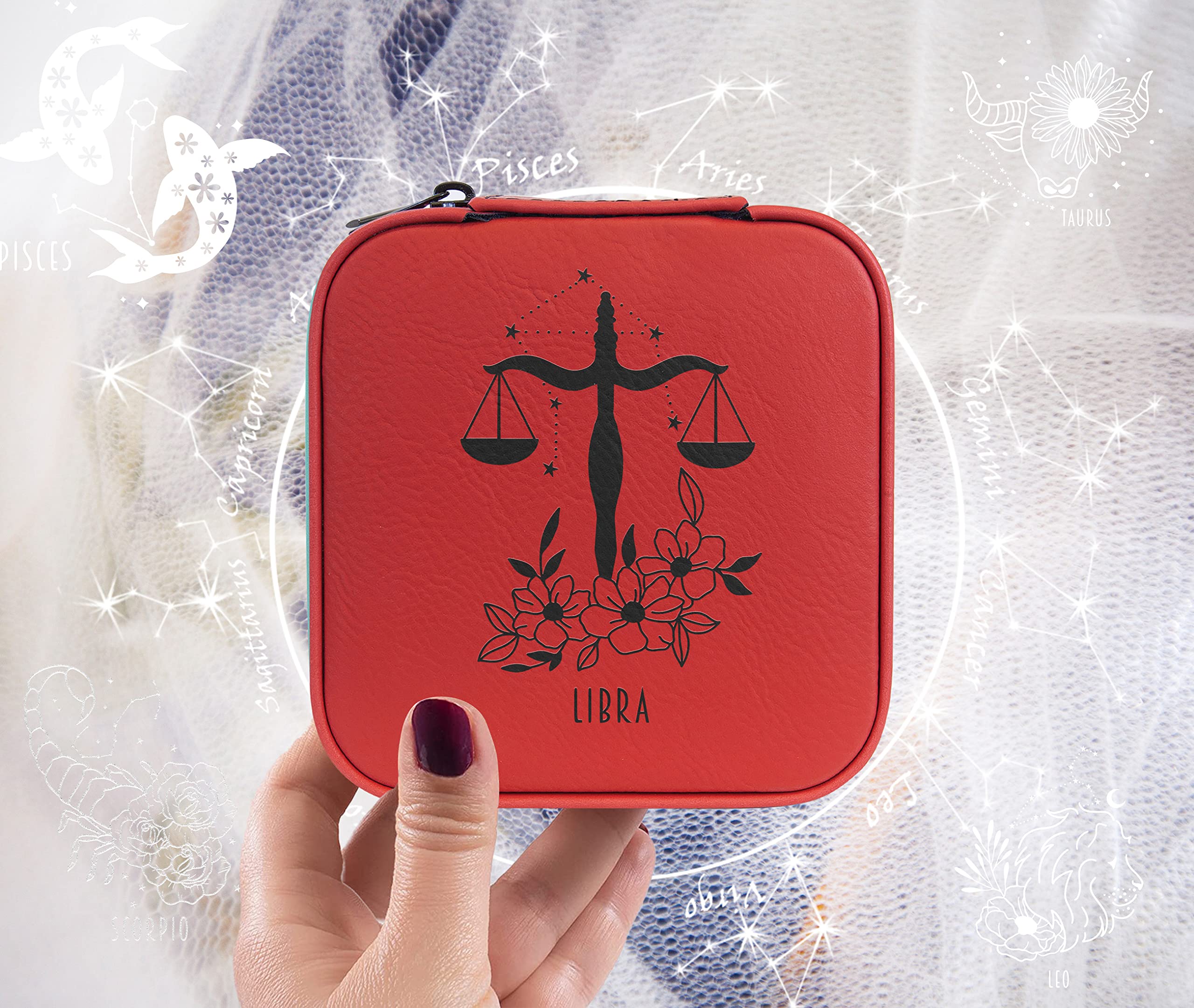 Personalized Leather Jewelry Box with Name & Zodiac Sign Engraving - Elegant Jewelry Organizer for Women, Custom Travel Jewelry Case - Perfect Birthday, Wedding, Anniversary Gift for Mom, Wife, Girlfriend (Red) - Great for Home Storage, Travel & Special Occasion Gifts