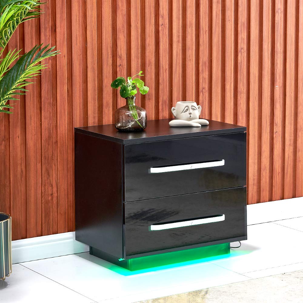 Black Glossy Nightstand with 2 Drawers & LED Lights - Bedroom & Living Room Side Table