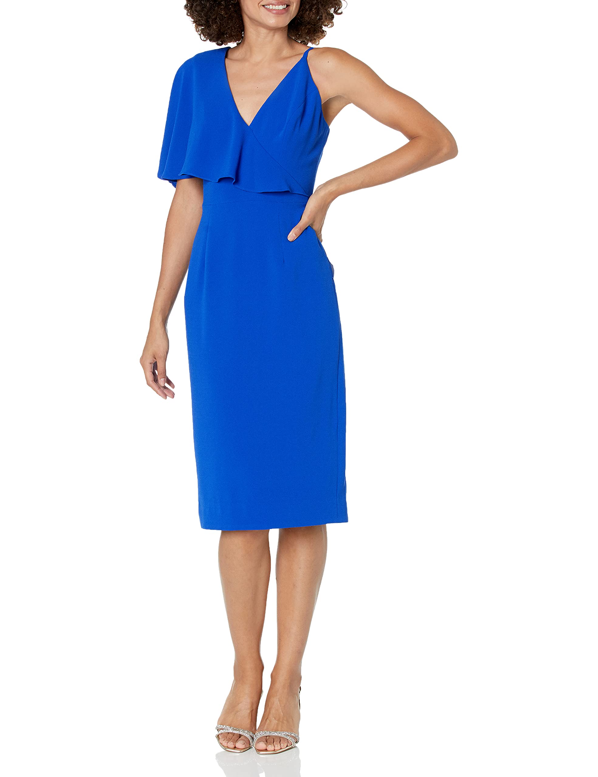 Dress the Population Women's Beth Ruffle Sleeve Plunging Midi Sheath Dress - Elegant Party & Cocktail Attire for Weddings, Date Nights & Special Occasions