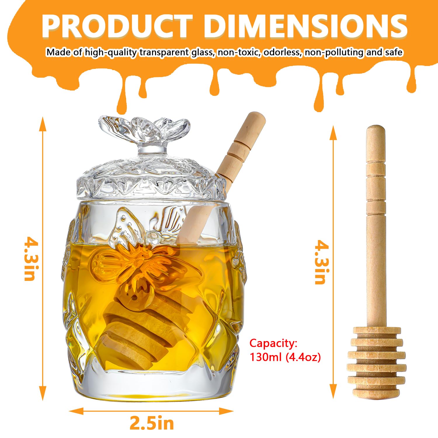Premium Clear Crystal Honey Jar with Dipper & Lid - 4.5oz Glass Honey Pot for Home Kitchen - Perfect for Tea, Coffee, Breakfast & Gift Giving