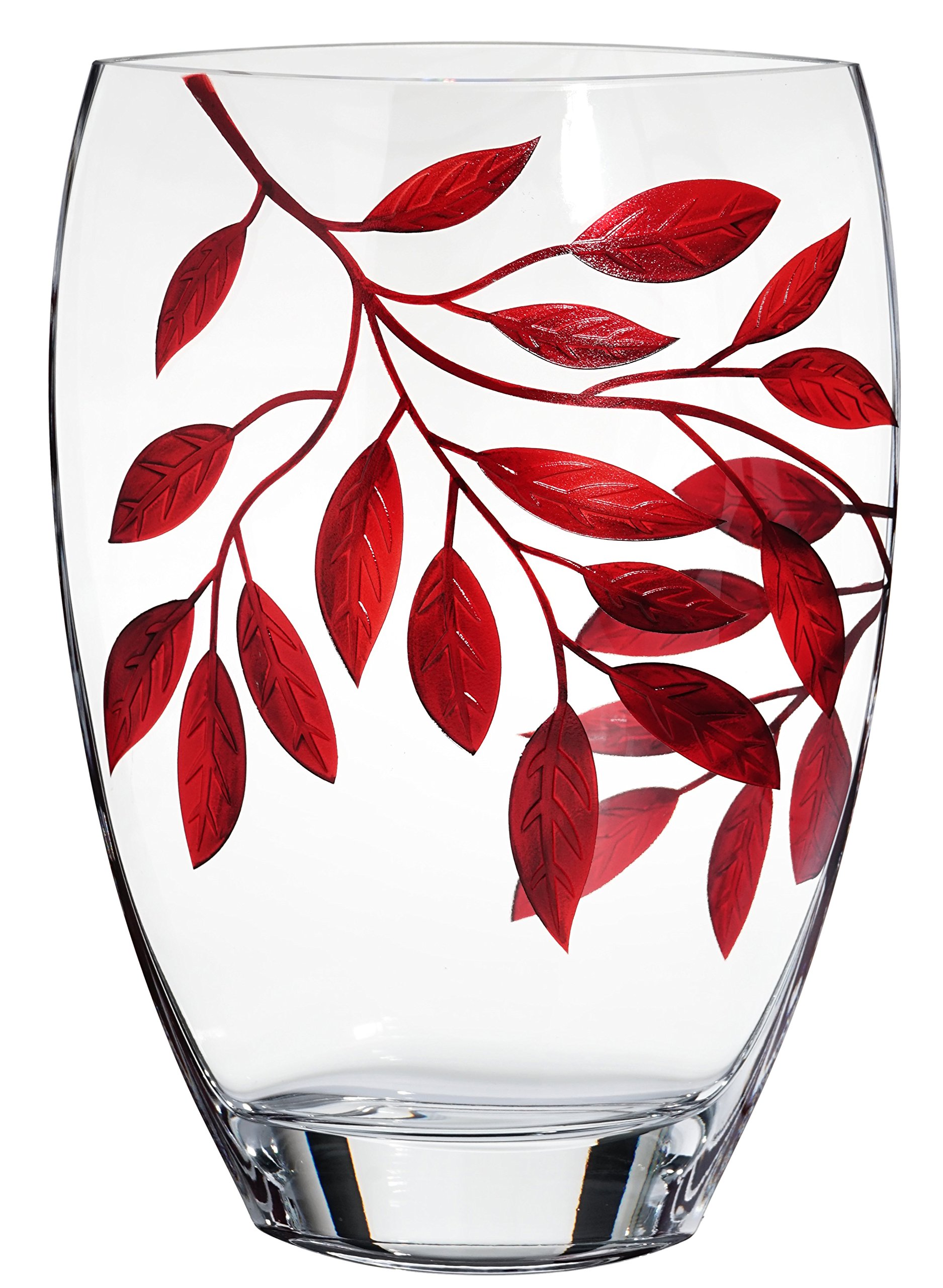Large 11.8 Inch Hand Blown Glass Vase with Sandblasted Ruby Leaf Design - Premium Clear Unleaded Glass Centerpiece in Golden Gift Box - Elegant Home Decor for Living Room, Wedding, Dining Table Decoration
