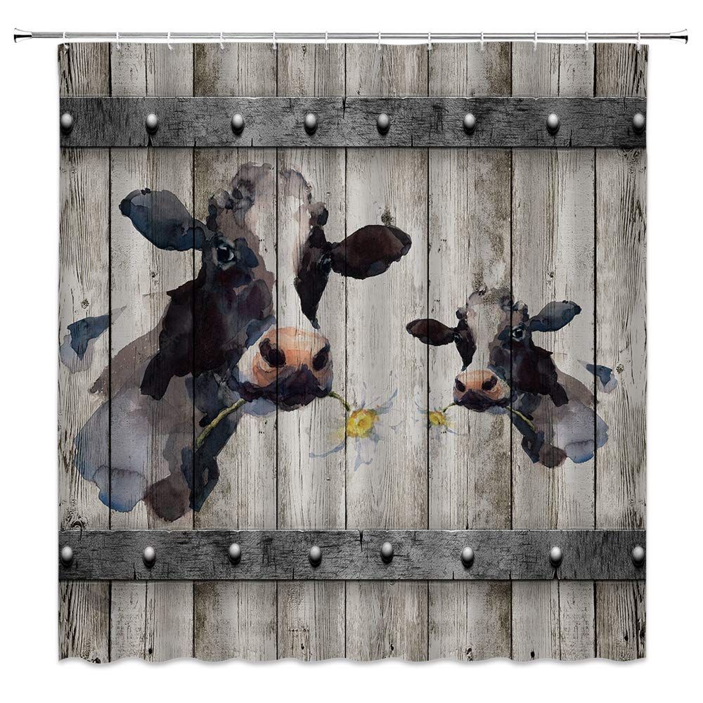 Vintage Watercolor Cows Shower Curtain - Rustic Farmhouse Decor with Wooden Boards, Daisy Flowers & Cattle Design - 59x71 Inch Country Bathroom Decor for Western Style Homes - Perfect for Farmhouse, Cottage or Ranch Style Bathrooms