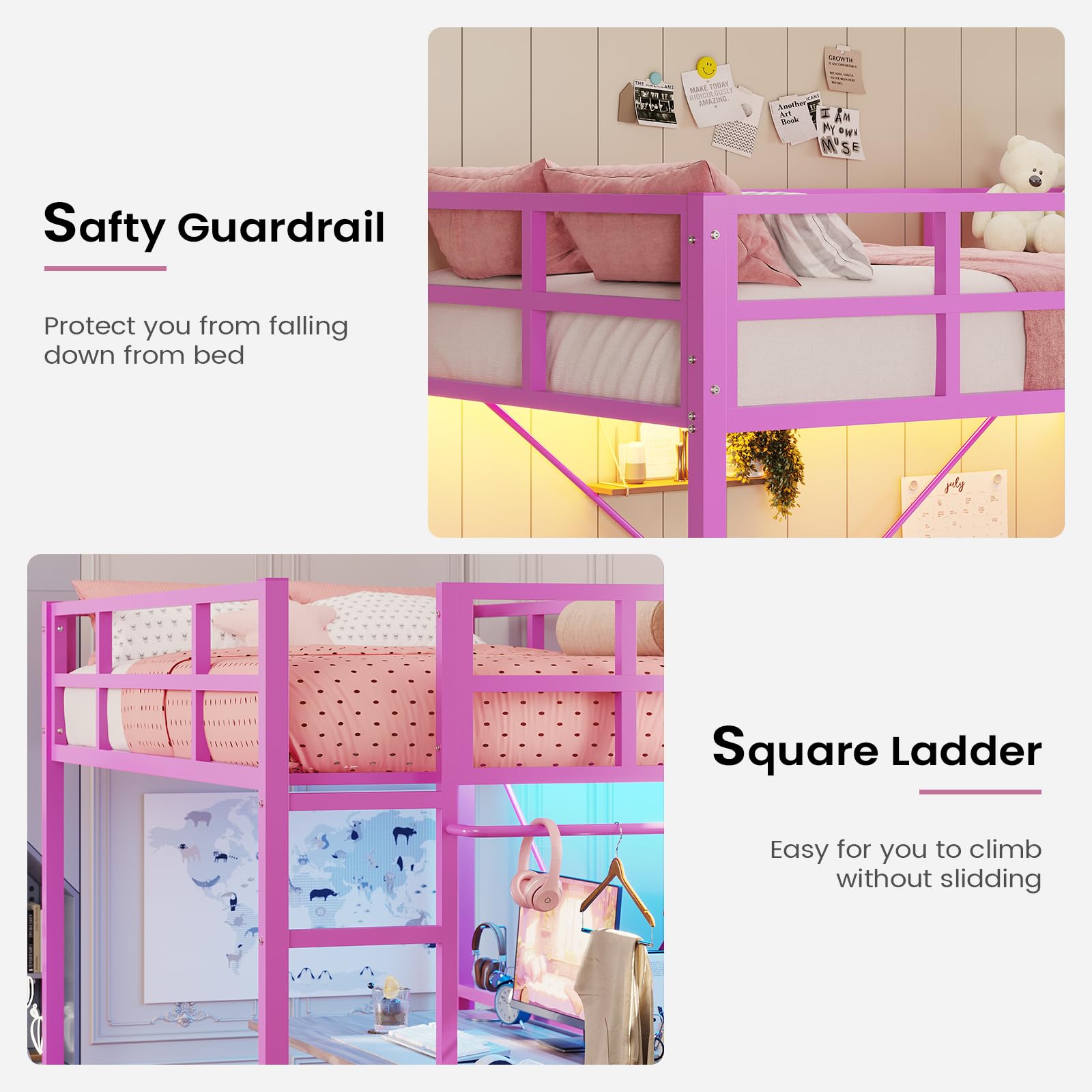 Hasuit Twin Metal Loft Bed with LED Lights - Sturdy Space-Saving Loft Bed Frame with Full-Length Guardrail & Clothes Rack - No Box Spring Needed, Noise Free - Perfect for Kids, Teens & Small Bedrooms (Pink)