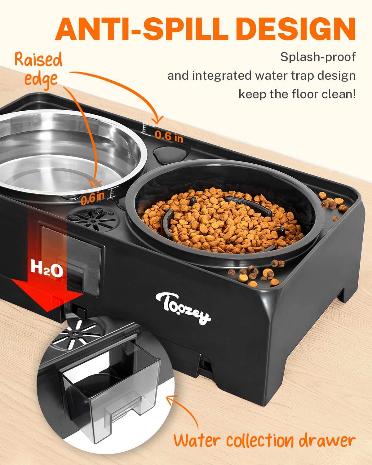 Toozey Elevated Dog Bowls Set - 2 Large 68oz Stainless Steel Bowls & 1 Slow Feeder - Adjustable Height (4 Levels) for Large, Medium & Small Dogs - Spill-Proof Design with Water Collection Tray - Perfect for Mealtime, Digestion & Mess-Free Feeding (Black)