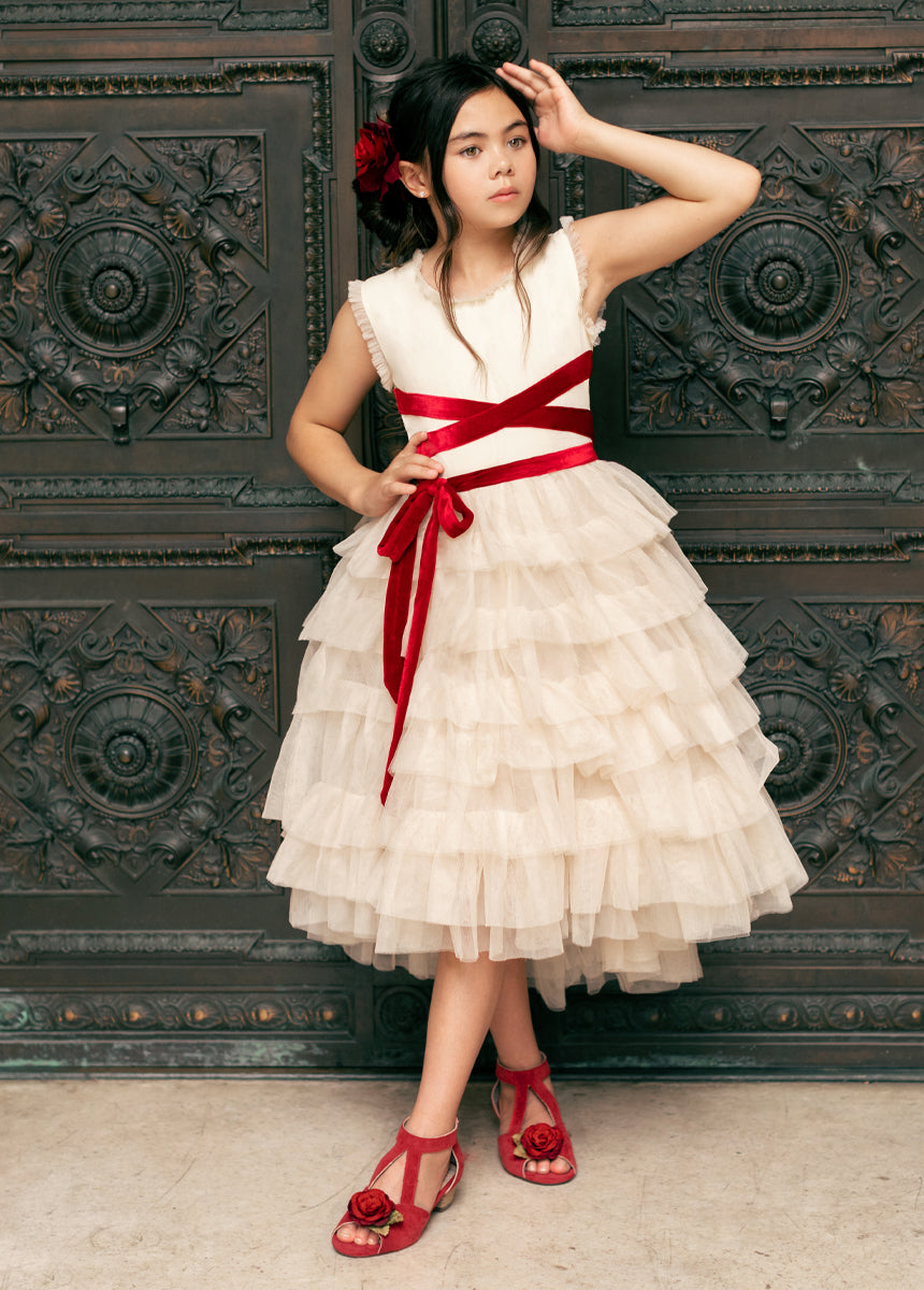 Geneva Petticoat Dress - Cream & Scarlet Vintage Style Swing Dress for Women | Perfect for Tea Parties, Weddings & Retro Fashion Events